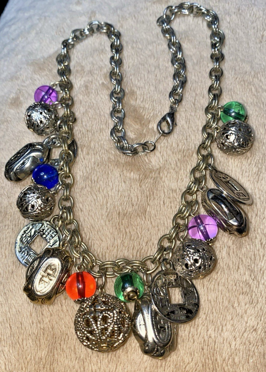 Oriental Charm Choker 20” Necklace Silver-Tone Chain Faux Coins Beads VTG