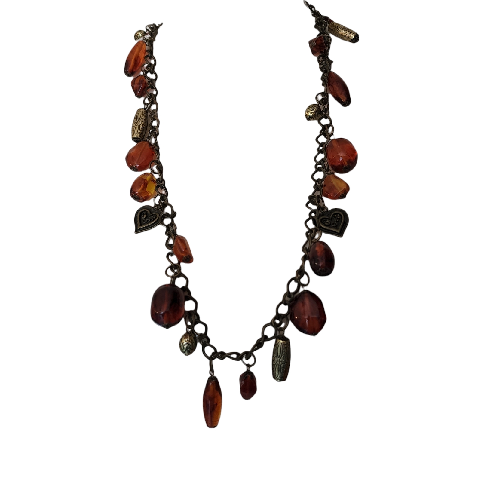 Vintage Necklace Amber Color Beaded Heart Drops Extra Long Different Shapes Vale