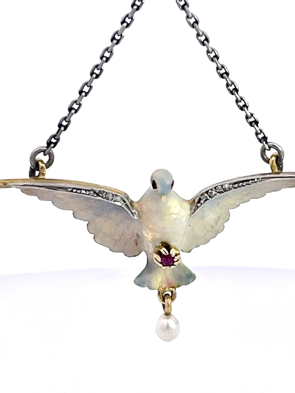 18K Enamel Dove on a Platinum Chain 17″ long