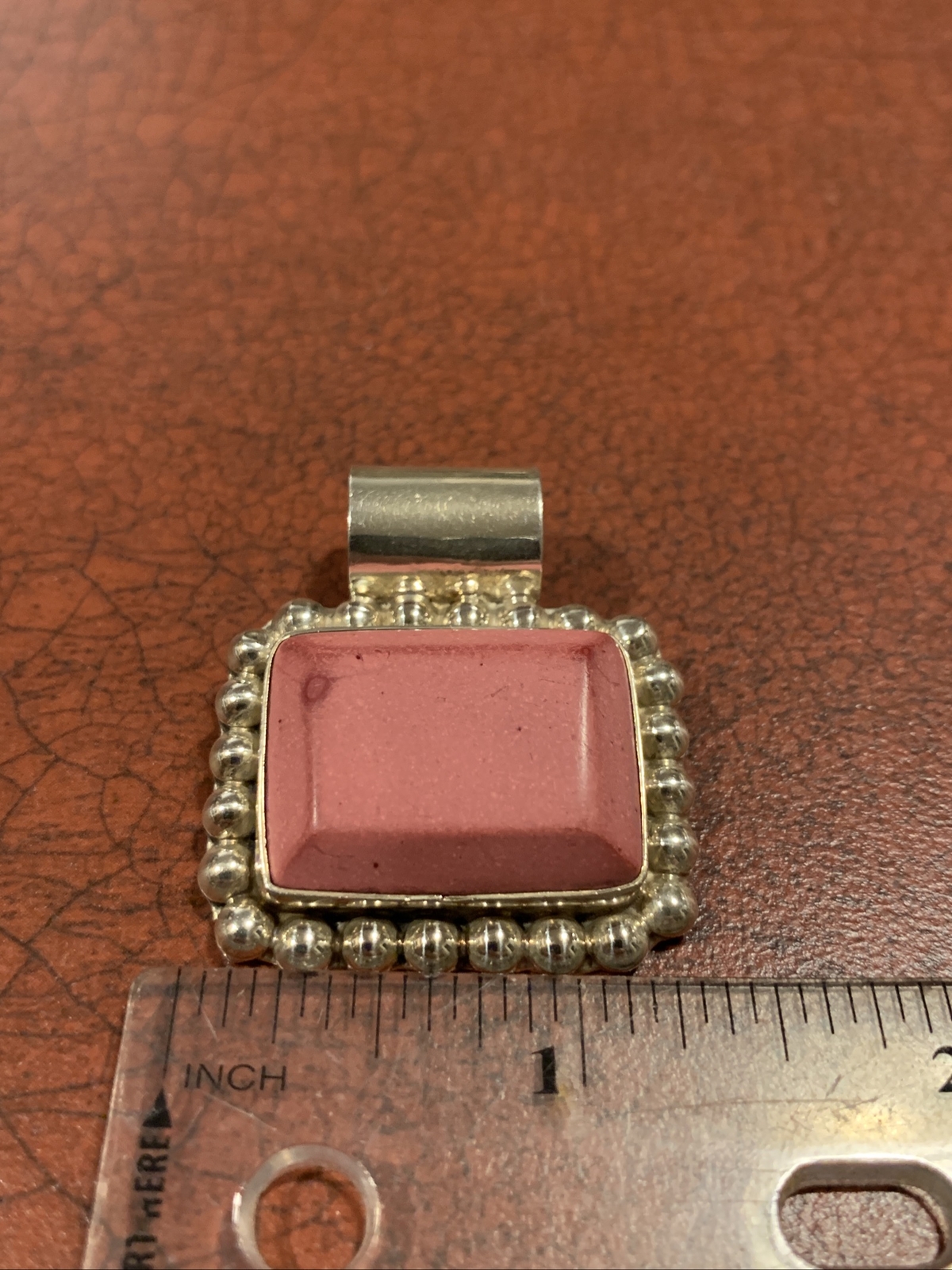 Polished Pink Stone Sterling Silver Rectangular Statement Necklace Pendant