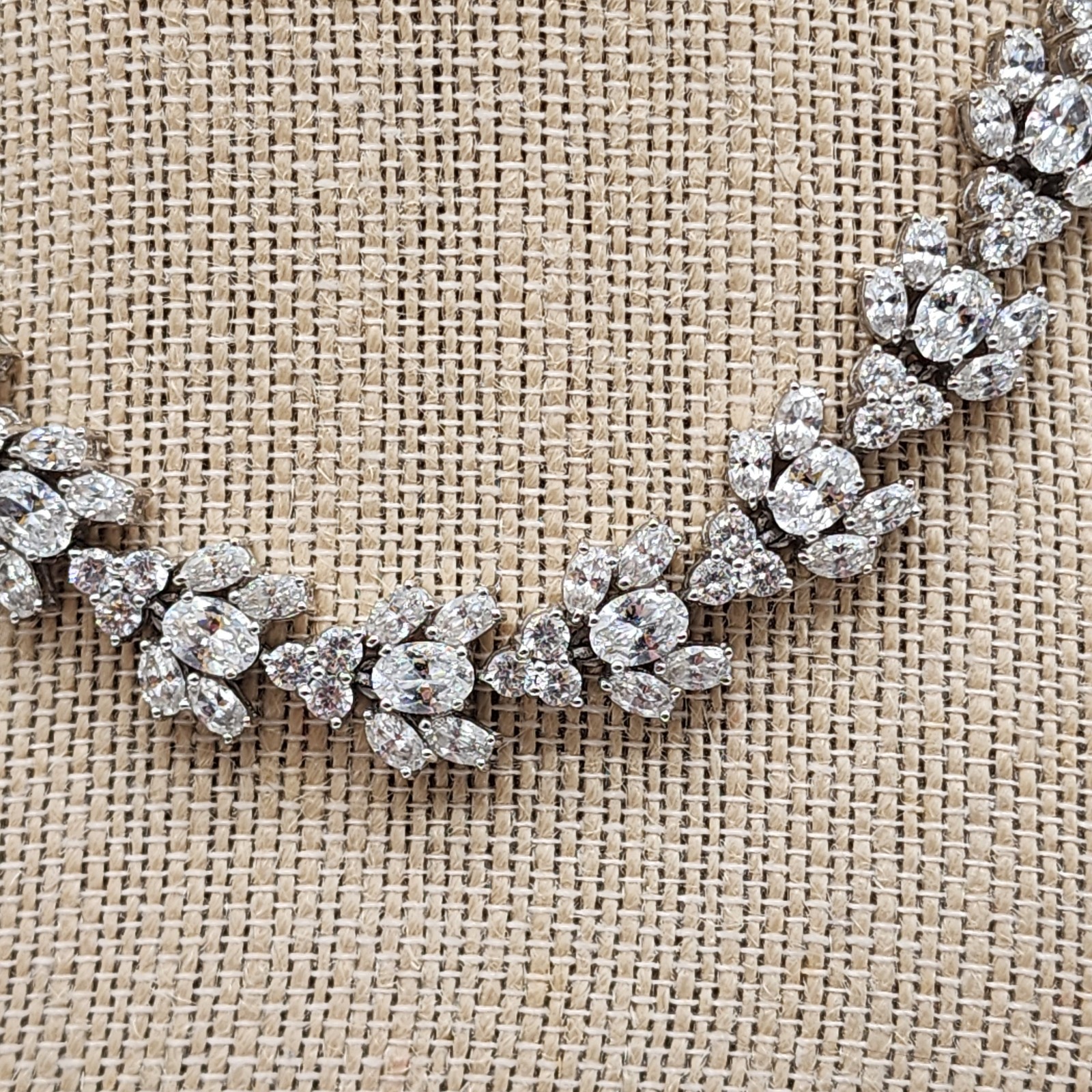 VTG Art Deco Silver prong Rhinestone Floral Cluster Collar Designer Necklace