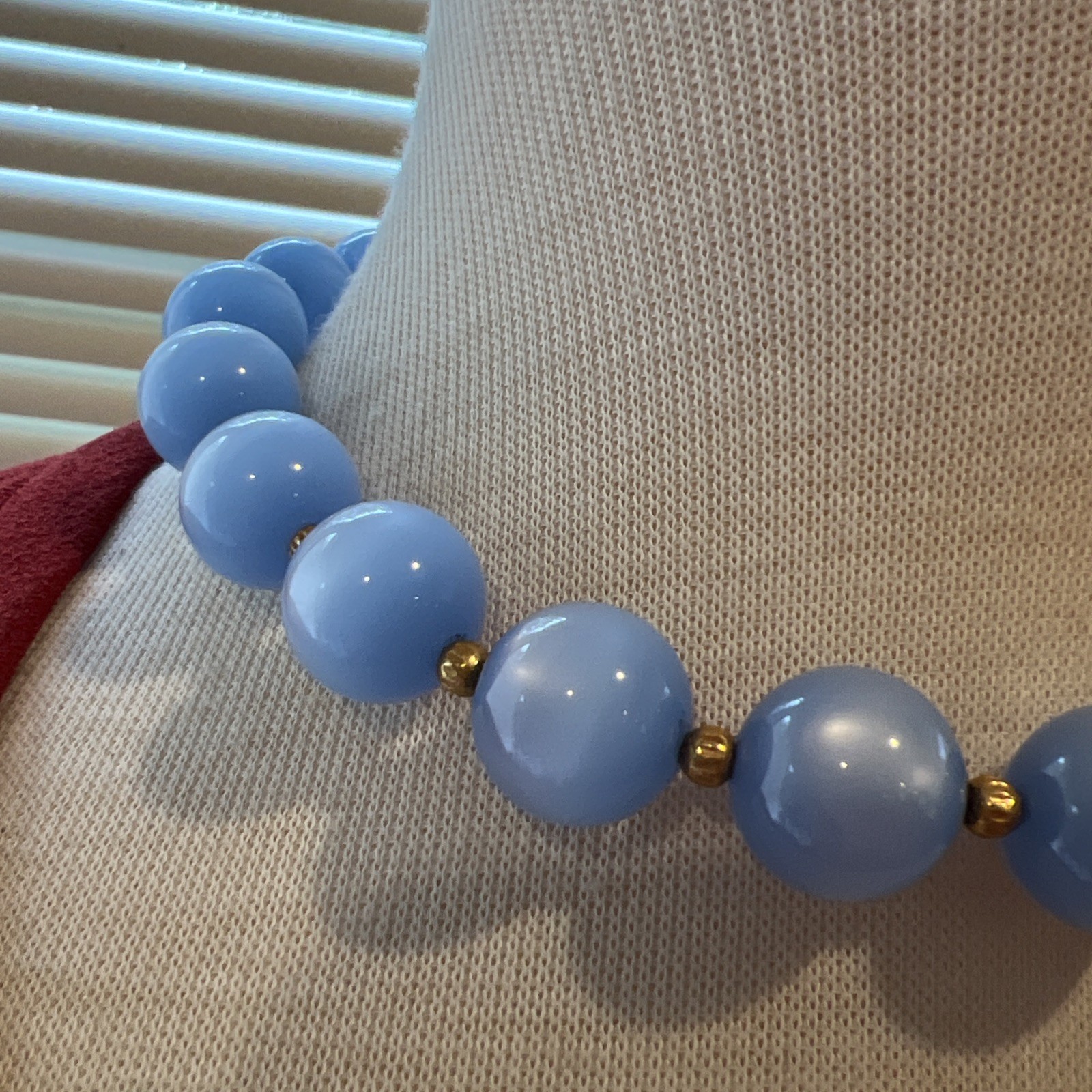⁠Vintage Blue Moonglow Lucite Bead 15”-17”Necklace Chunky J-Hook Choker