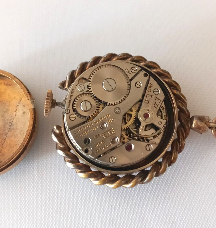 Vtg. CROTON Deco Enamel Guilloche Bow Pin Brooch Manual Swiss Watch