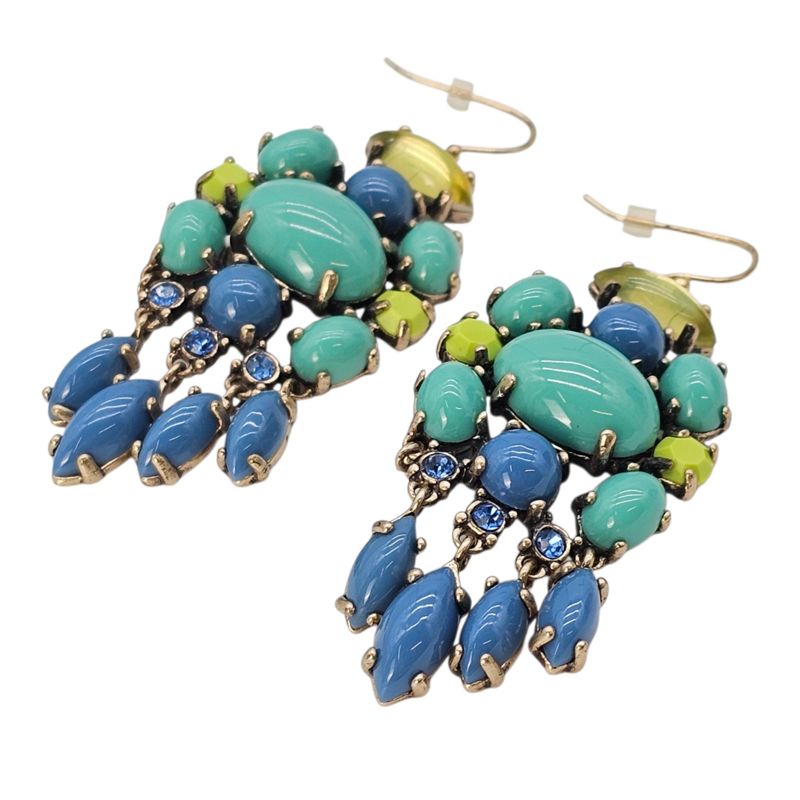 Stella & Dot Chandelier Dangle Earrings Lime Sea Green Turquoise Blue Signed