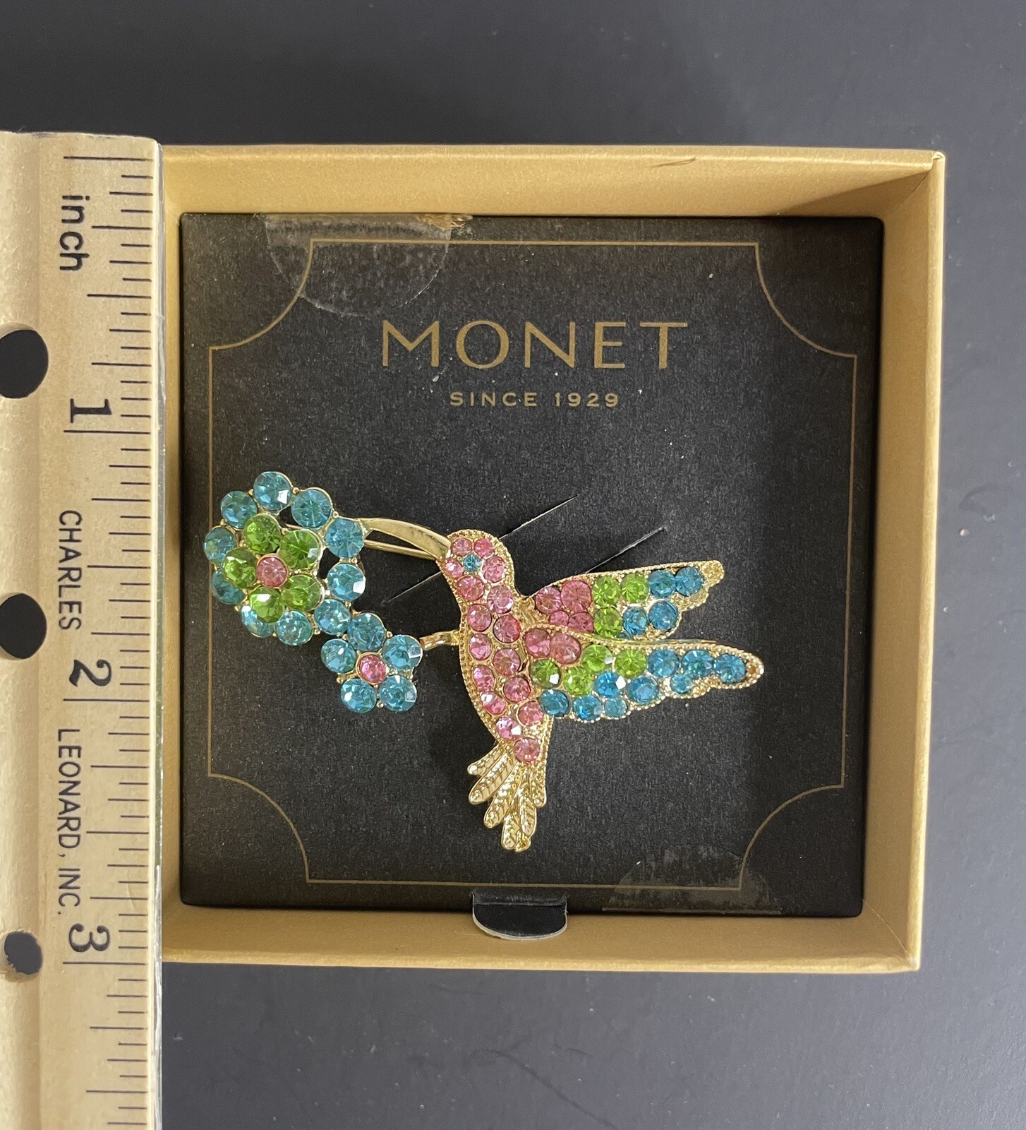 Vintage MONET Vivid Blue Green & Candy Pink Hummingbird Bird & Flower Brooch Pin