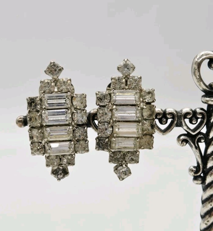 Victorian Crystal Earring Silver Tone Clip on Adorable Wedding Bridal 1.5 in #2