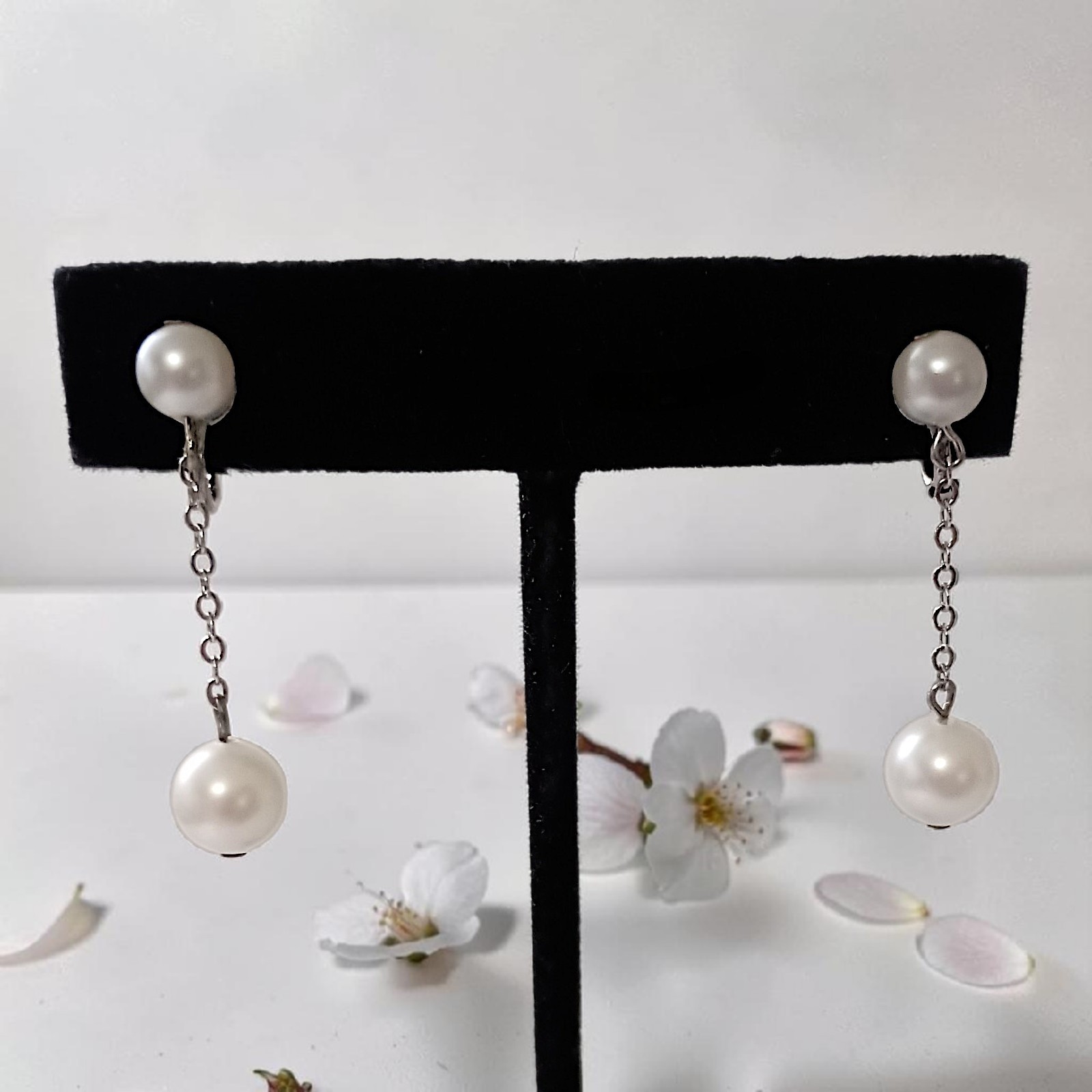 Vintage Faux Pearl Chain Dangle Earrings Dainty Delicate Silver Tone Elegant