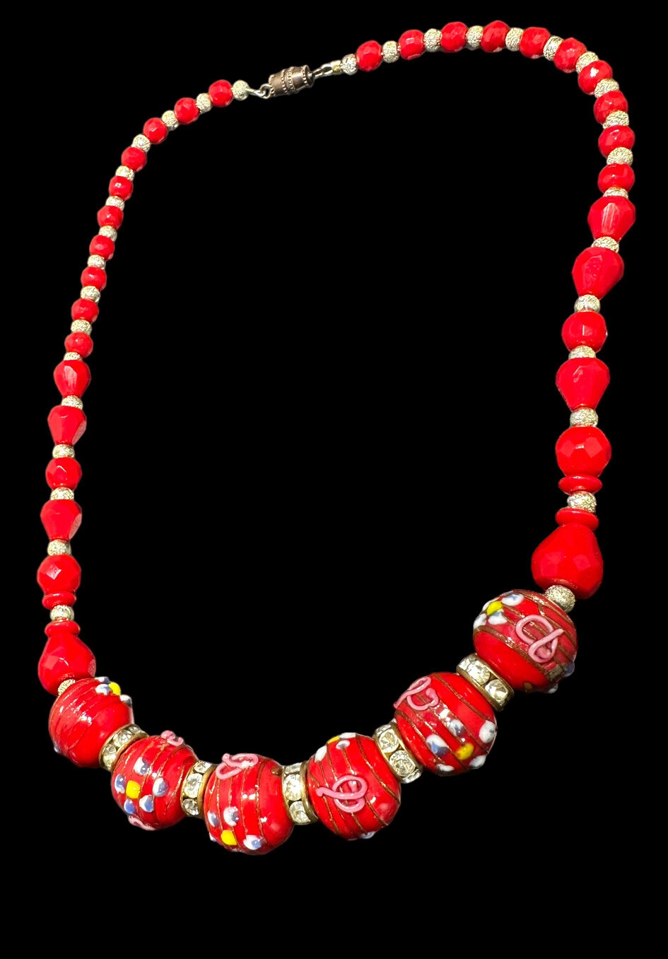 Vintage Murano Italy RED WEDDING CAKE Venetian Art Glass Bead Necklace 17.5 in