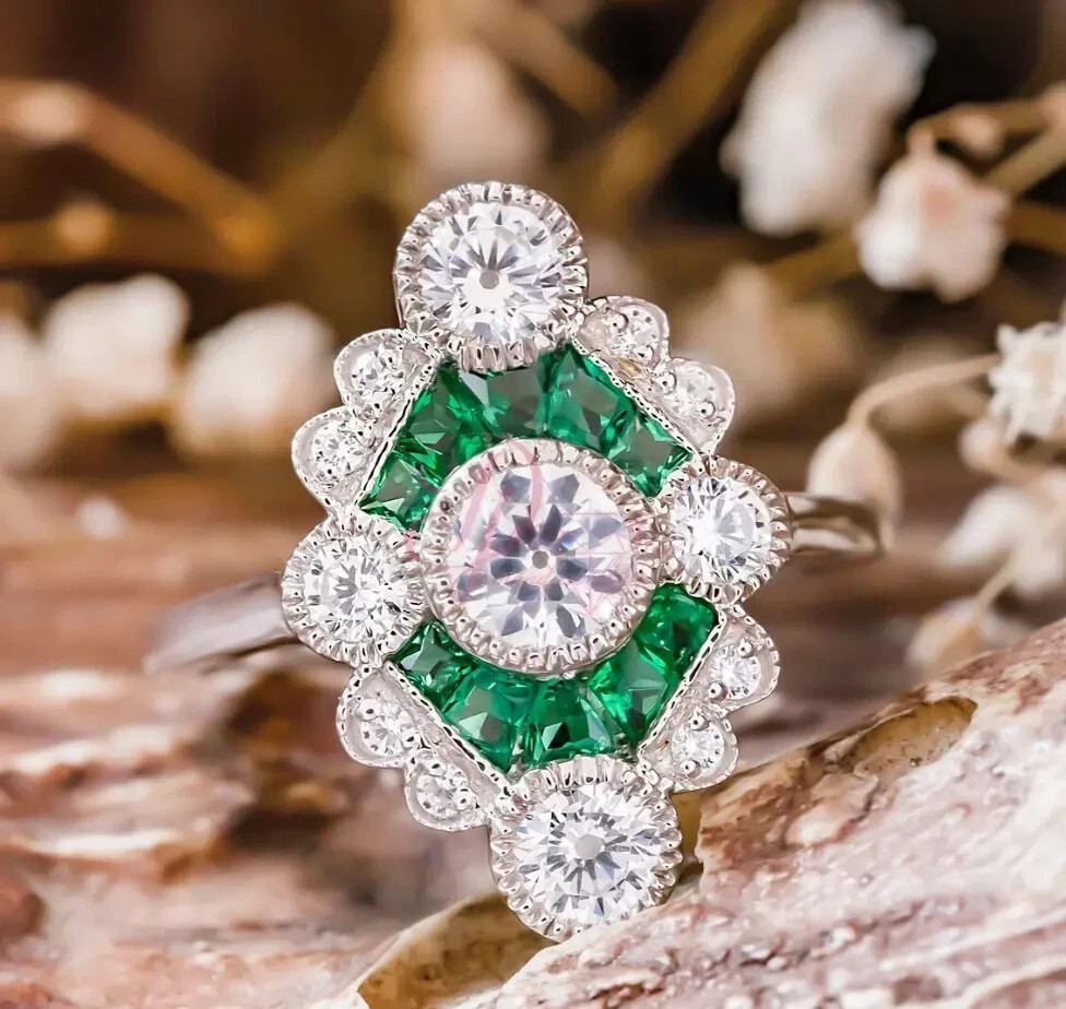 3.2Ct Art Deco Style Round Lab Created Diamond Emerald 925 Silver Wedding Ring