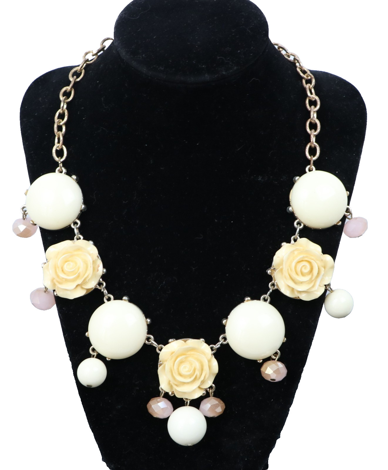 Rose Floral Statement Necklace Cream Bubble Bead Bib Boho Gold Tone
