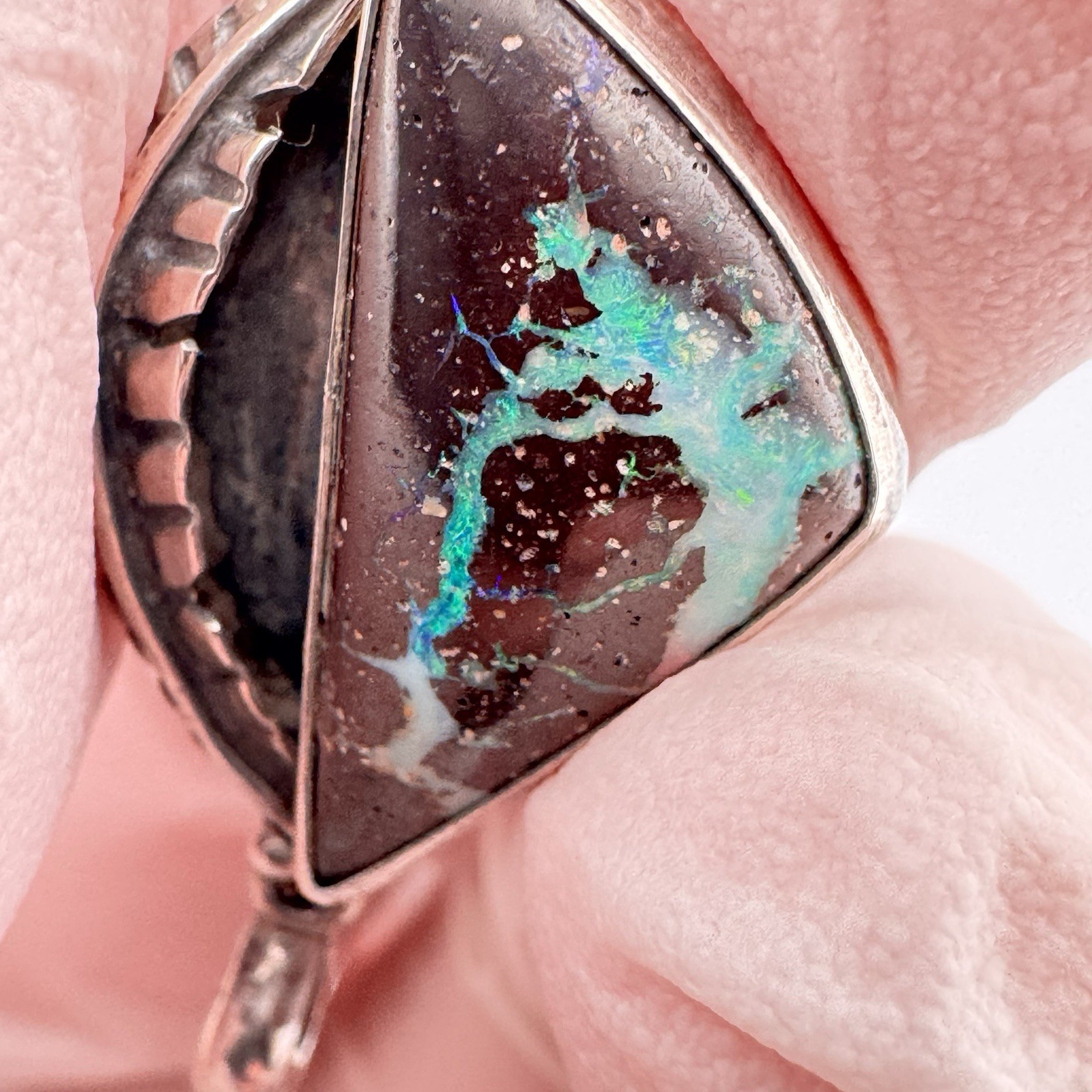 Signed RS Sterling Silver Boulder Opal Pendant Blue Green Purple Flash Artisan