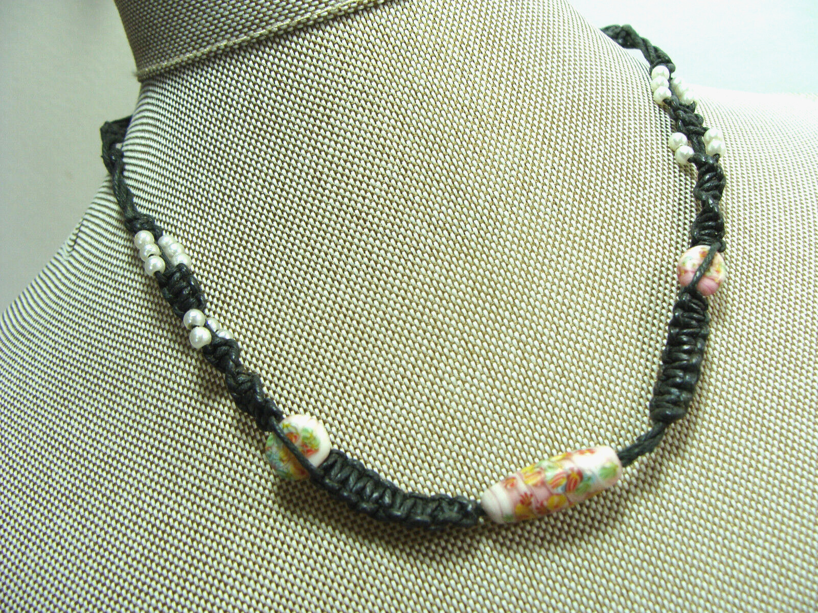 Vtg Millefiori Glass Bead Faux Pearl Hemp Macrame Bohemian Hippy Choker Necklace