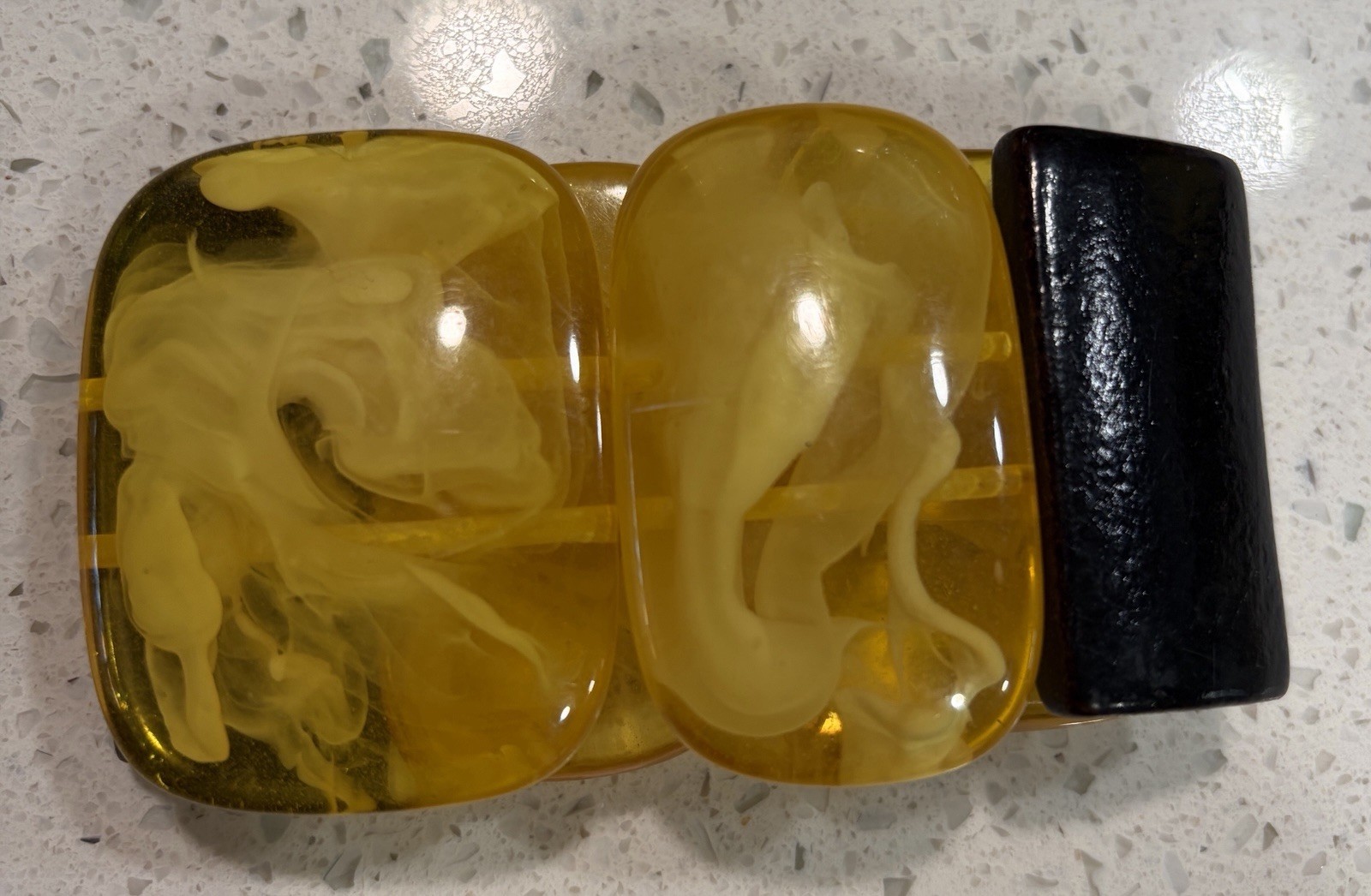 Vintage Amber Resin Swirl and Wood Stretch Bracelet Mid Century