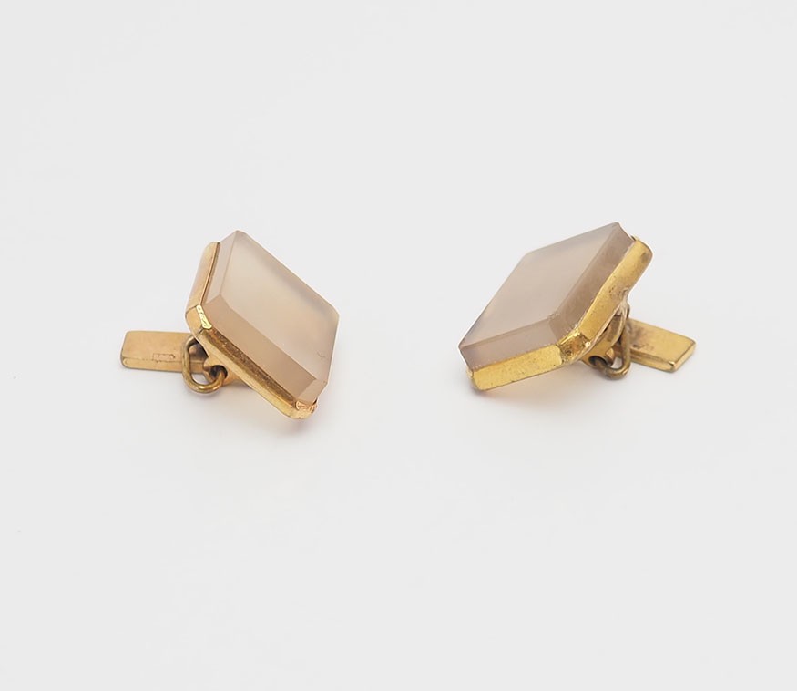 Vintage retro gold tone metal and agate gemstone rectangular cufflinks Russia