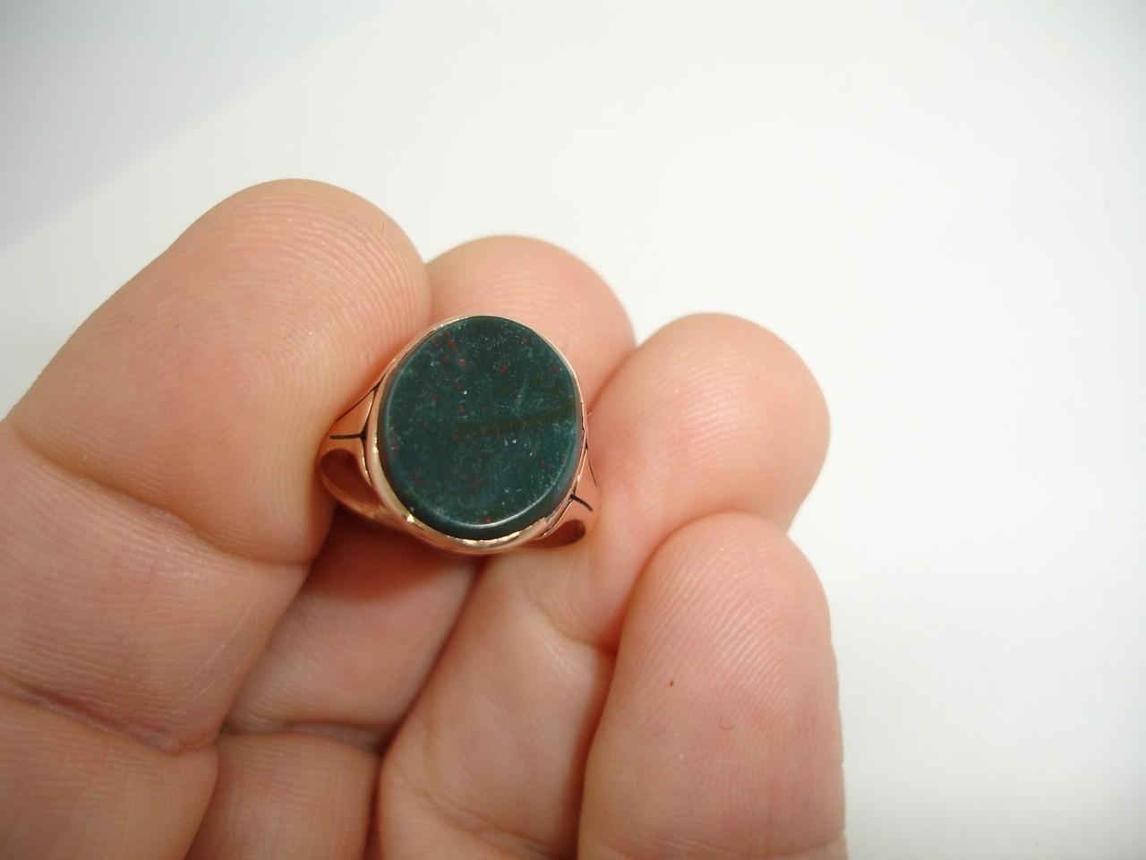Antique Art Deco 9K Gold Bloodstone RING geometric signet band w red 3.3g sz 6.5