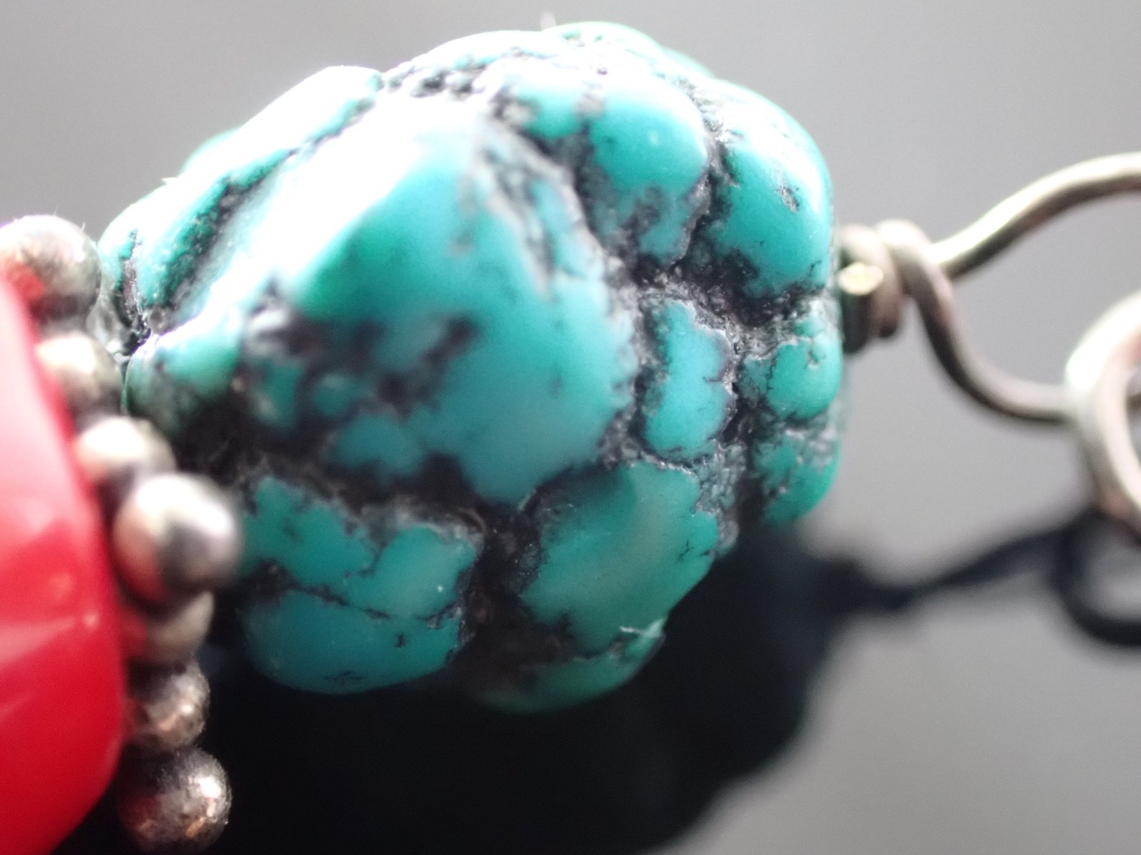 Vintage Sterling Drop Earrings Red Bead & Turquoise Matrix Stones Artisan