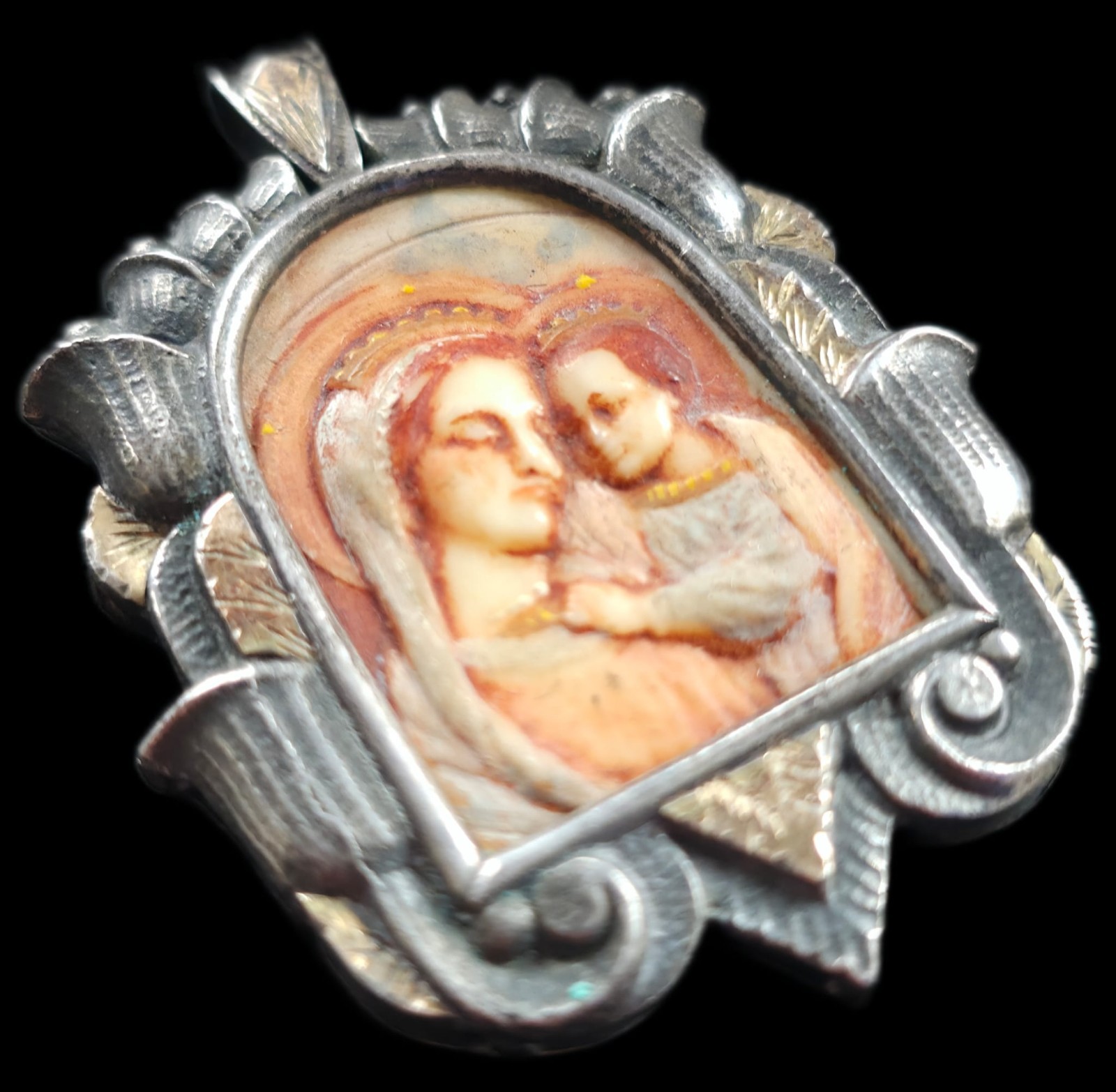Fine Antique Art Nouveau Silver Gold Madonna Virgin Mary and Jesus Pendant C1900