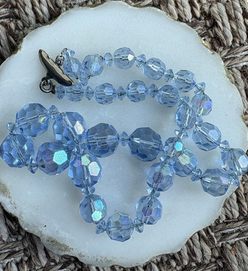 Vintage Czech beaded 14” necklace Graduated Lt blue faceted glass crystal beads