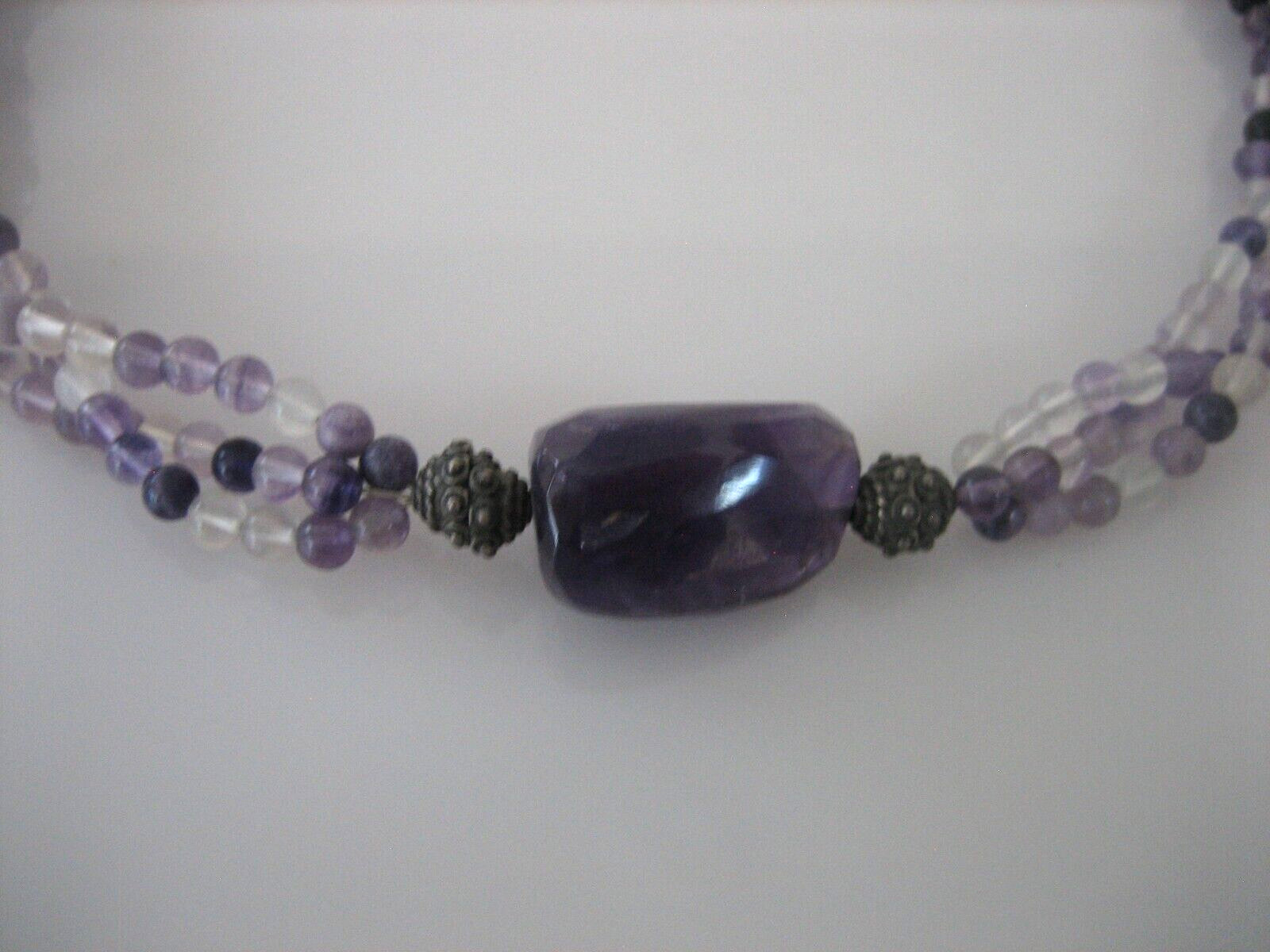 VINTAGE AMETHYST BEAD STERLING SILVER 17″ 3 STRAND NECKLACE