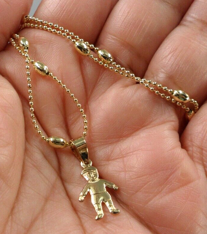 CM Signed Pendant Necklace 1920s Boy Child Figure Charm Station Ball Chain 21″