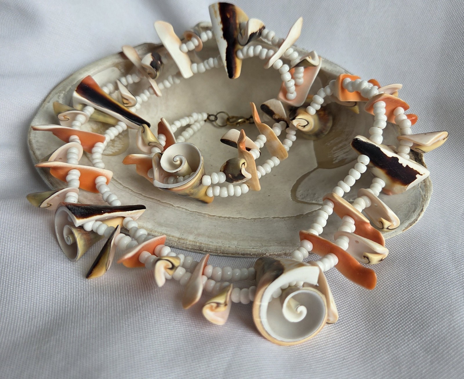 VTG Shells And Glass Beads Double Sided Boho Artisan Eco Nature Summer Necklace