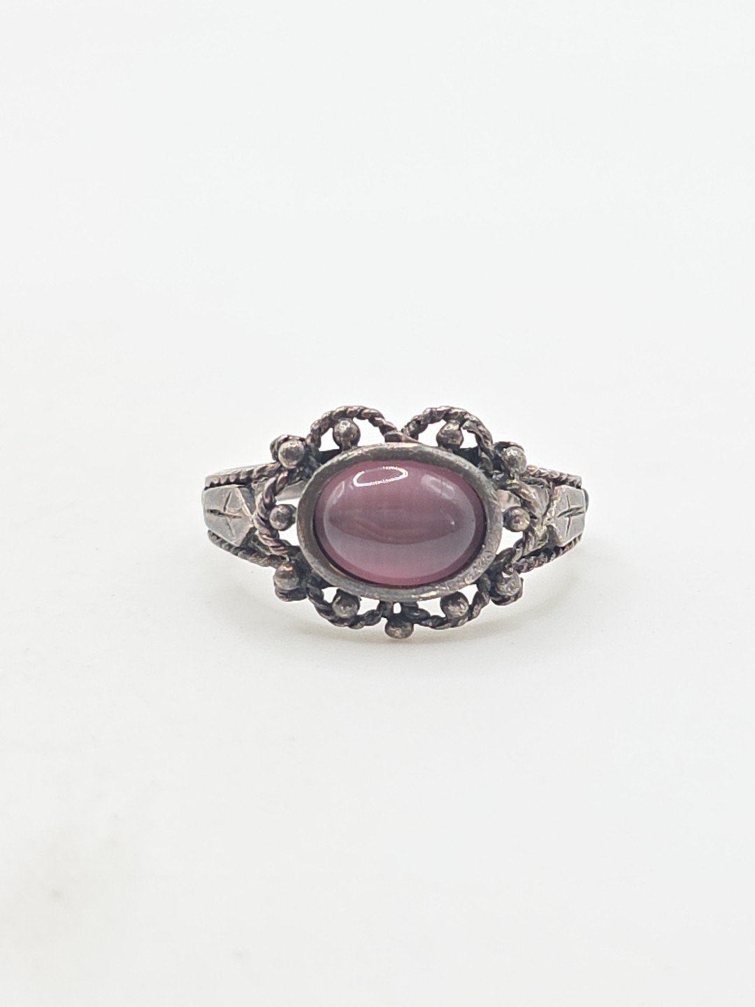 Vintage Sterling Silver 925 CW Pink Glass Cats Eye Ring Size 8