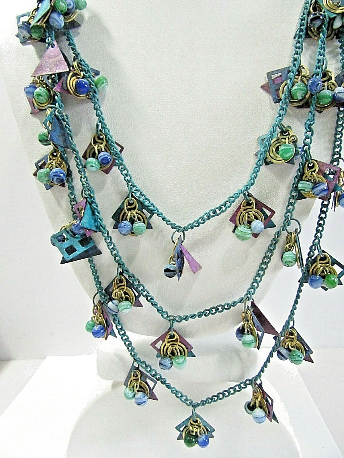 Oxidized Boho Necklace Blue Purple Dyed Metal and Glass Charms Dangles Vintage