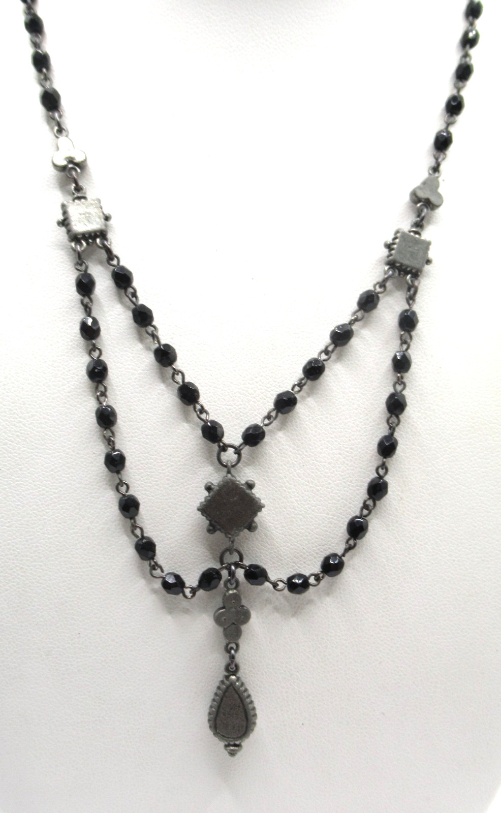 Modern Romantic Black w Dangle Festoon Necklace Beaded on Chain