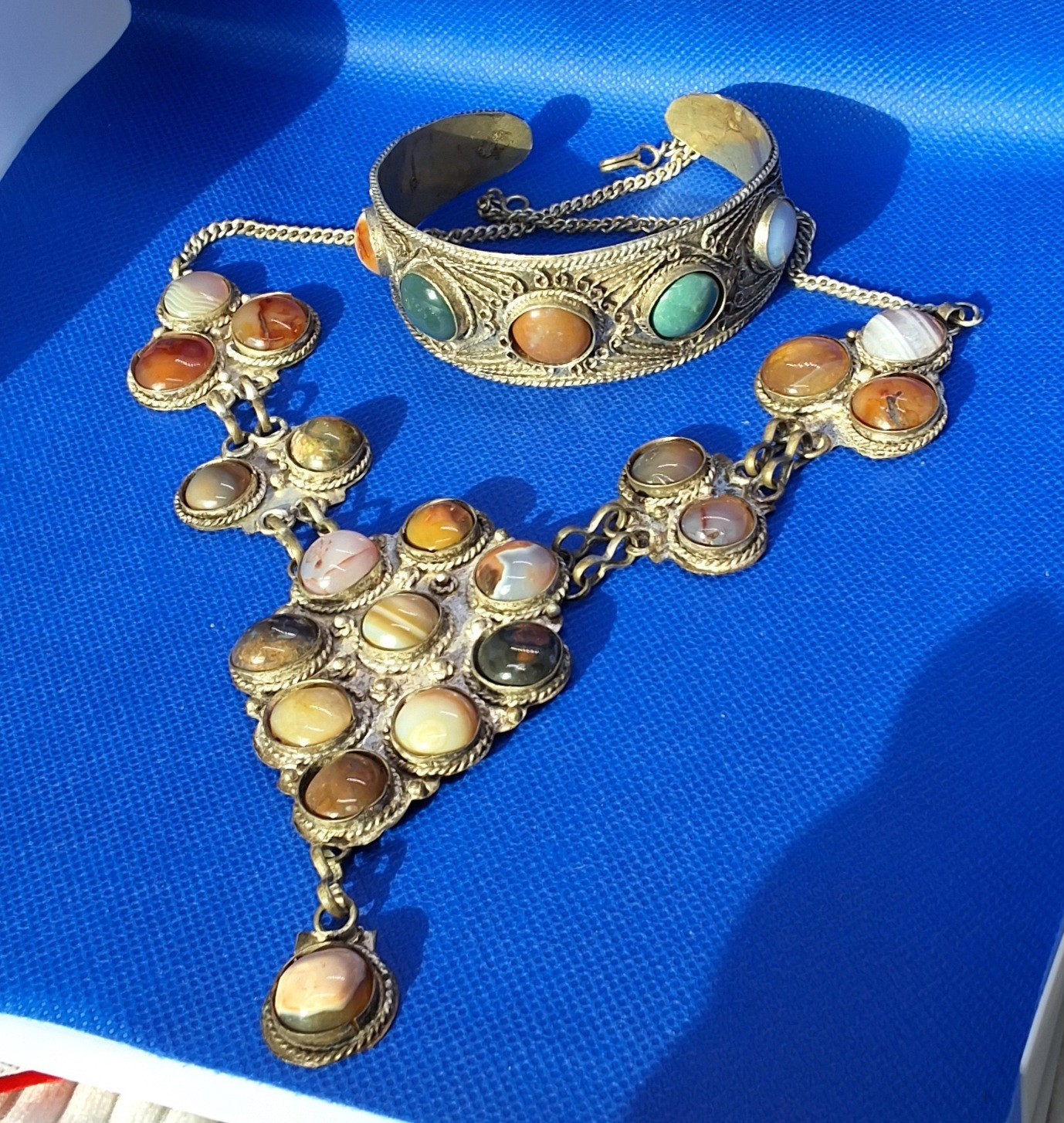 Vintage Tibetan Silver Metal Agate Glass Statement Necklace, Bracelet and Pin