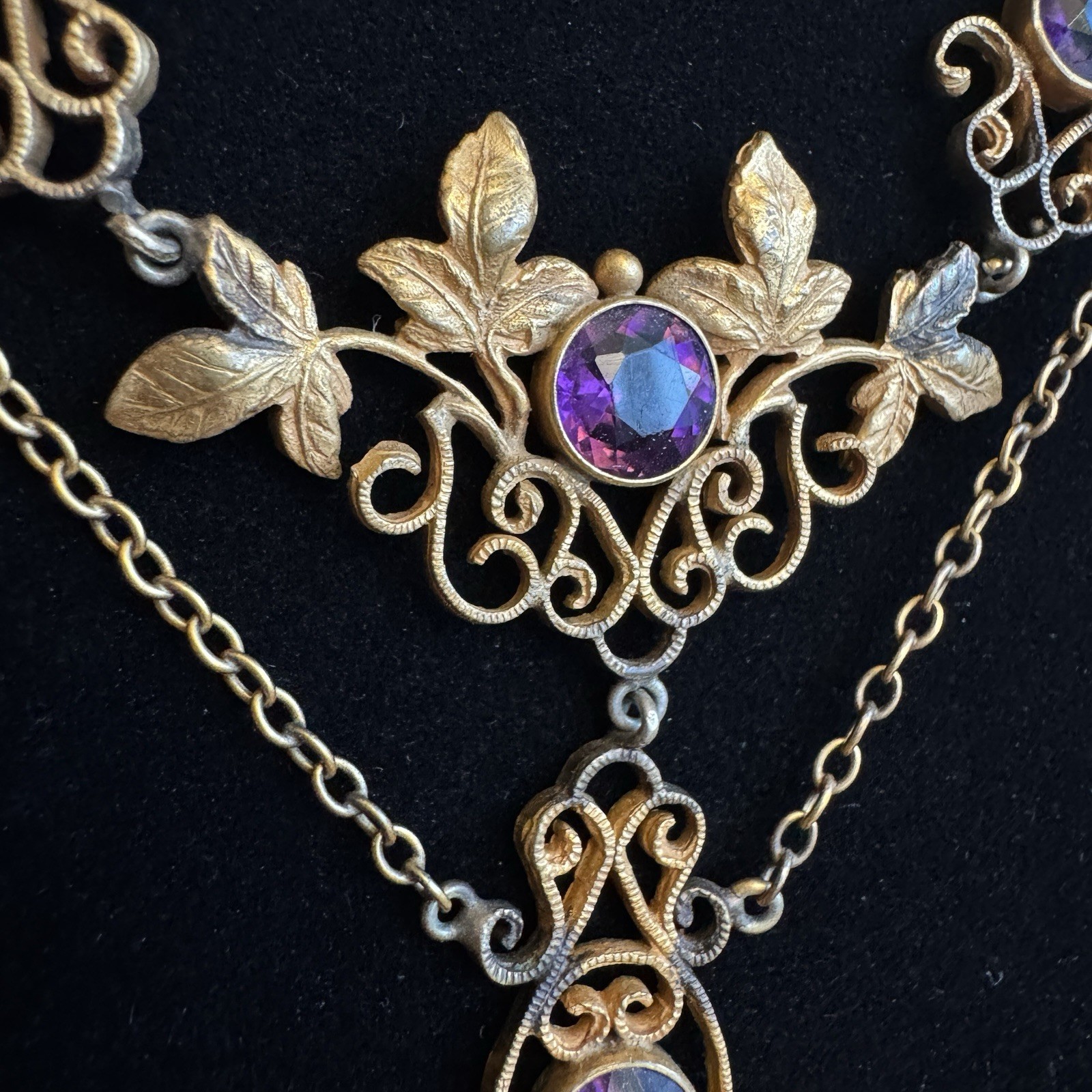 Vintage 12K GF Art Nouveau Revival Festoon Necklace Purple Glass Ivy Leaves