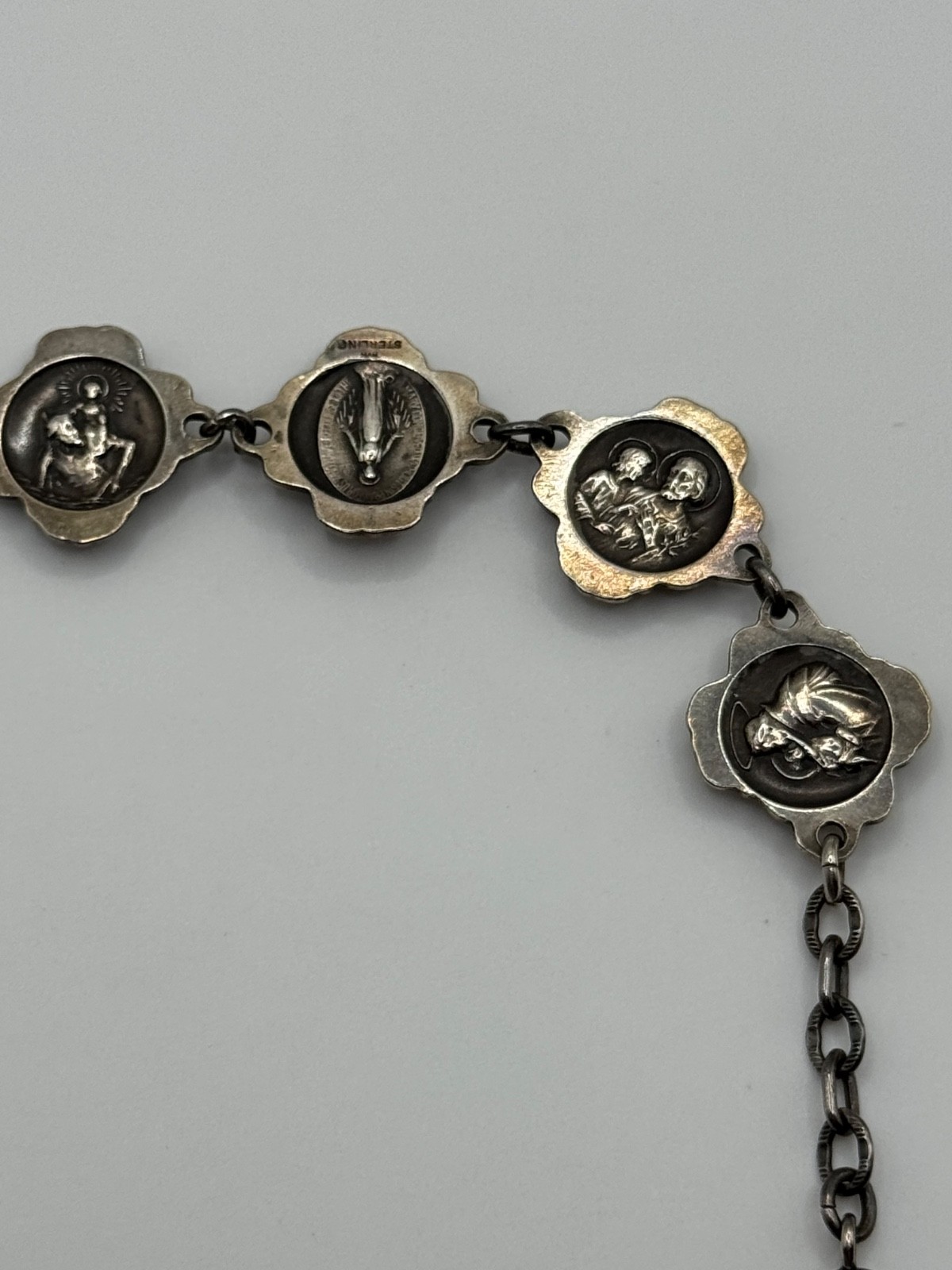 Vintage HVH Sterling Silver Rosary Catholic Saints Rose Panel Link Bracelet