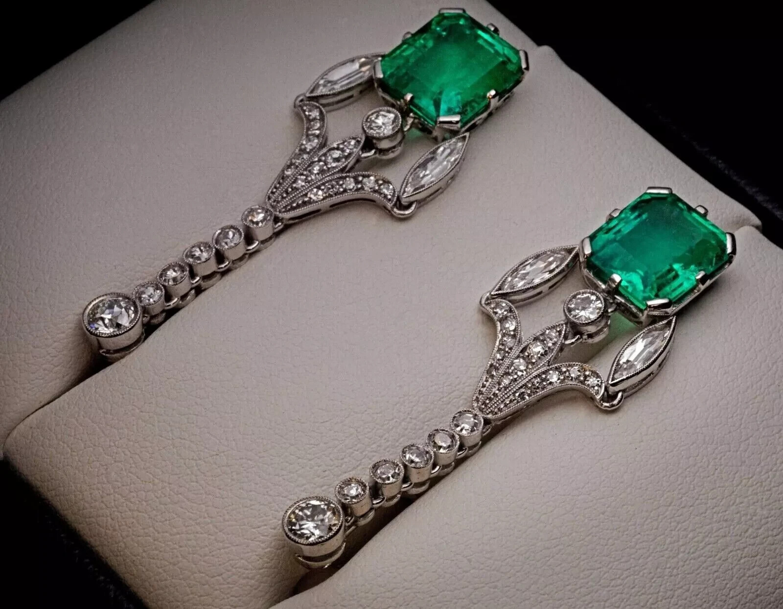 Art Deco Style Emerald & Lab-Created Diamond Wedding 14K White Gold FN Earrings