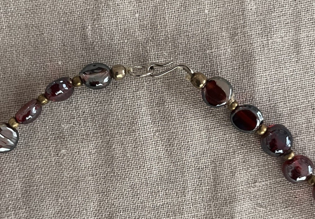 Vintage Red Garnet Iridescent Glass Gold Beaded Triple Layered 30” Bib Necklace