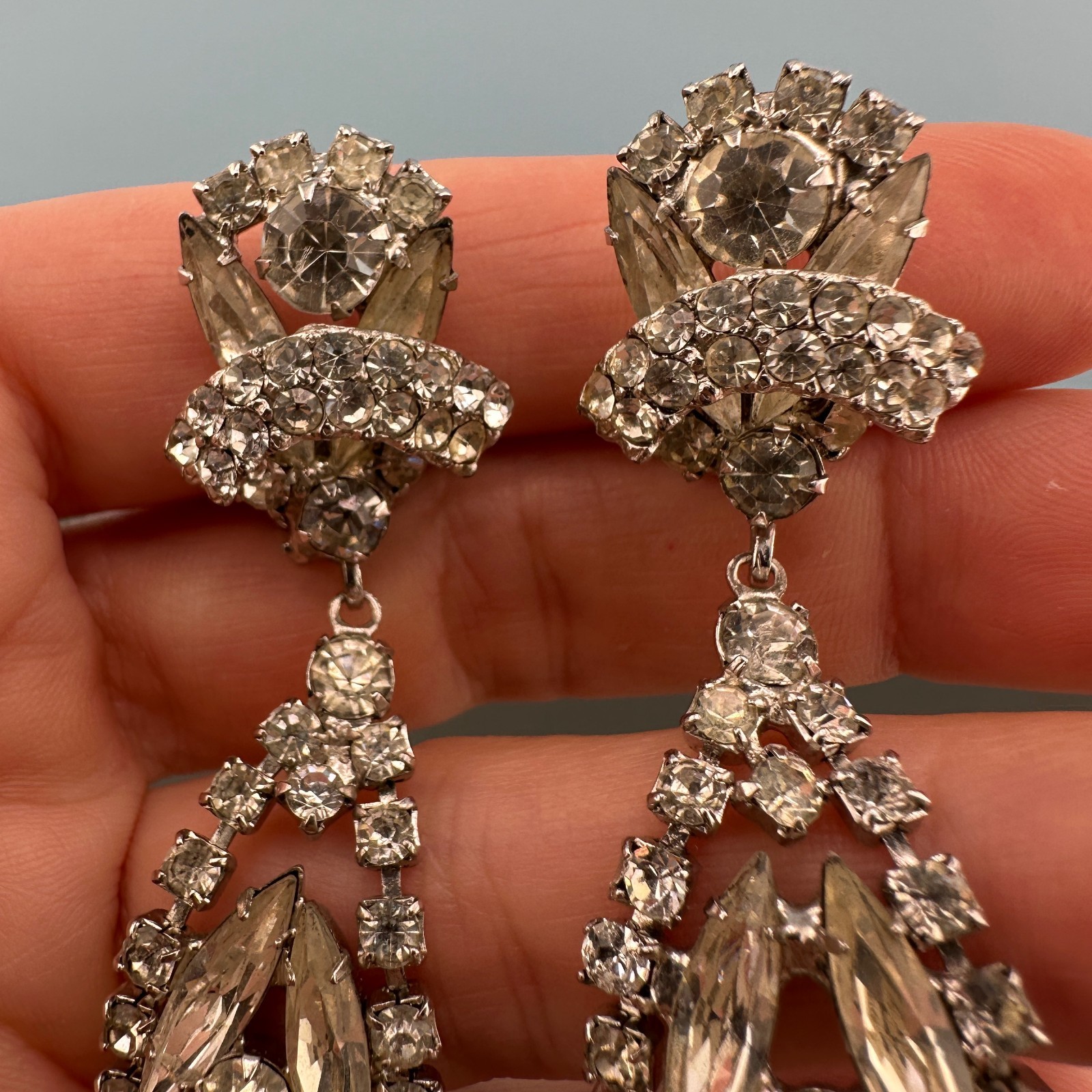Vintage Rhinestone Earrings Chandelier Drop Clip On Statement Bridal Art Deco