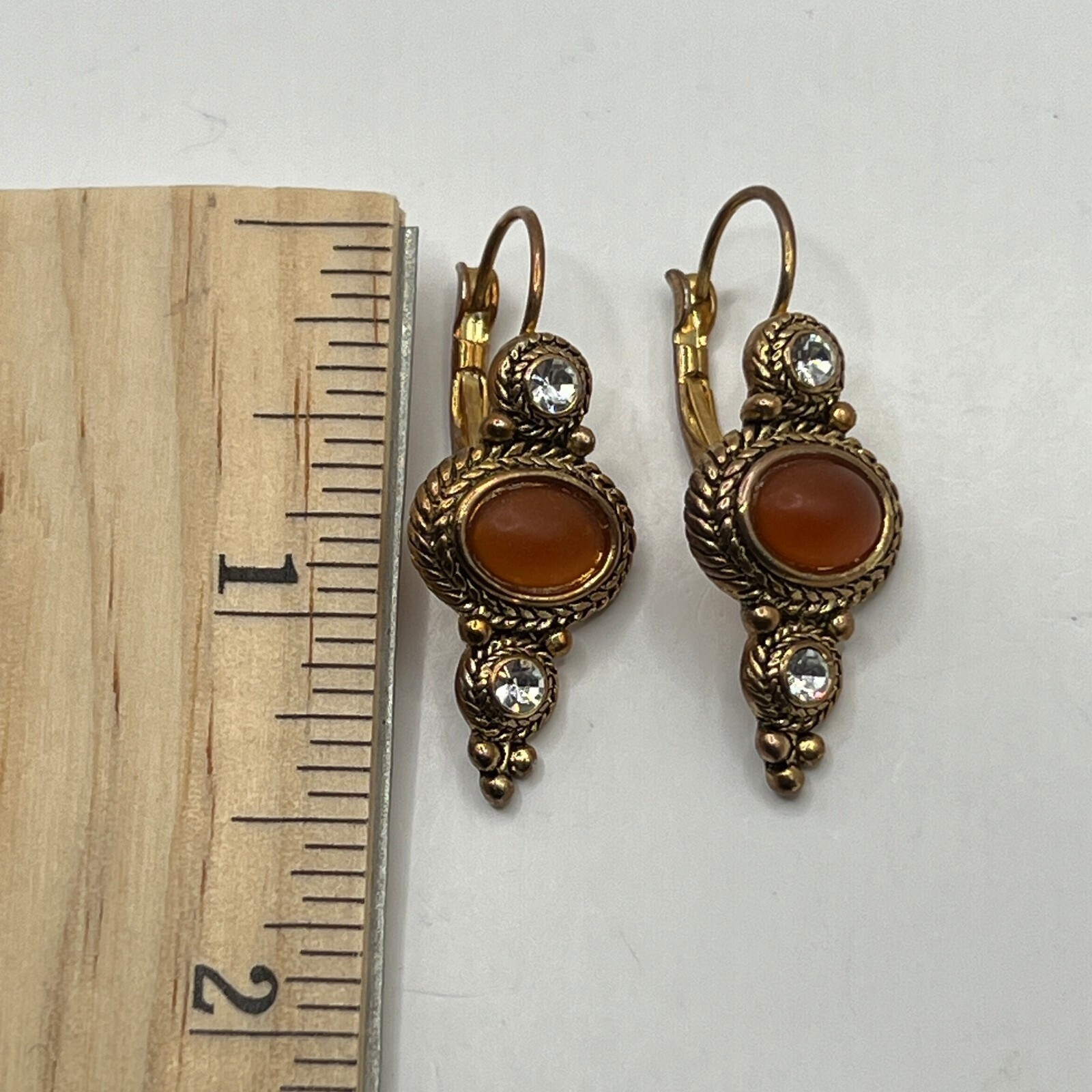 Vintage Pierced Dangle Earrings Clear Crystal Orange Acrylic Stone Drop