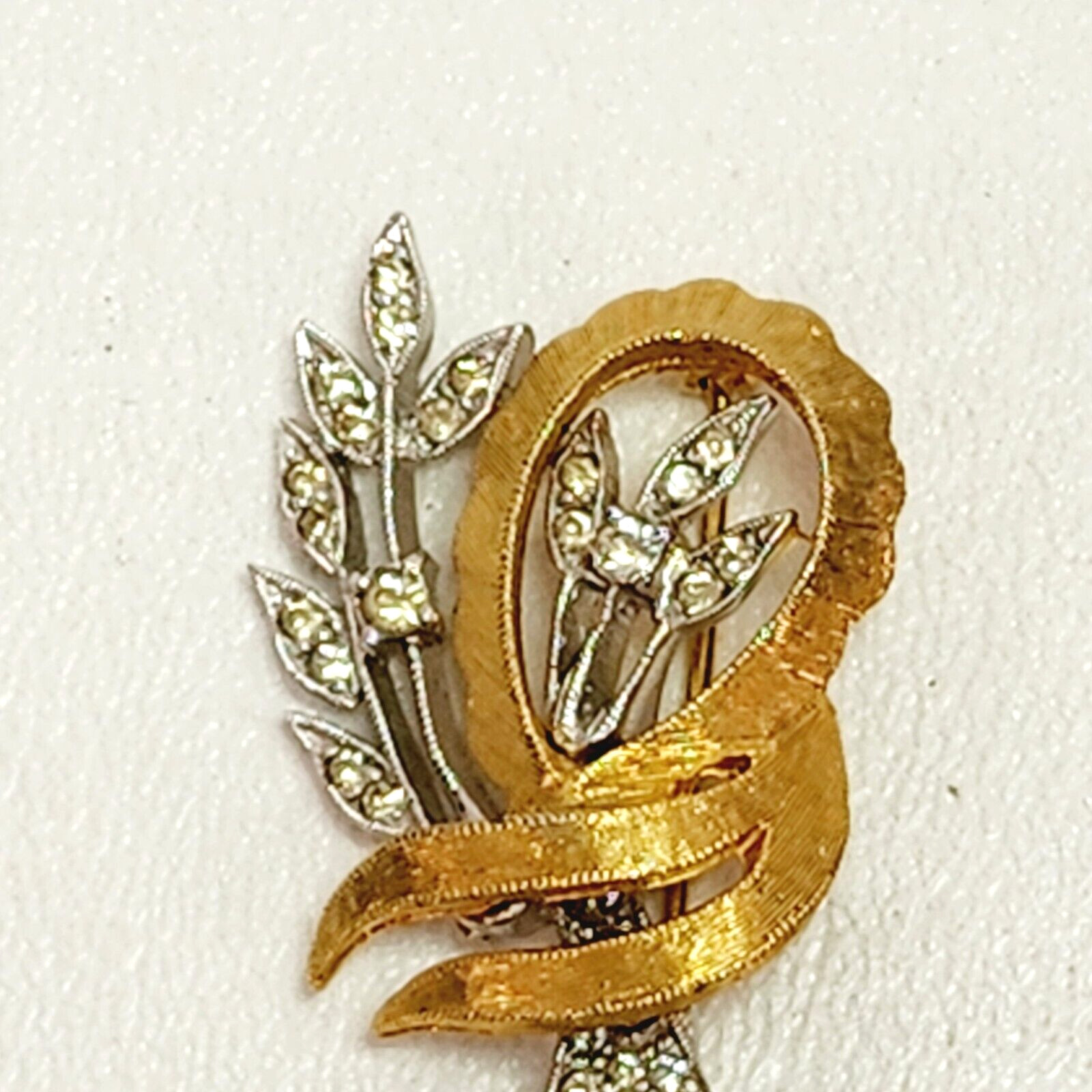 Gold and Silver Tone Flower Leaf Stem Swirl Knot Ribbon Brooch Pin