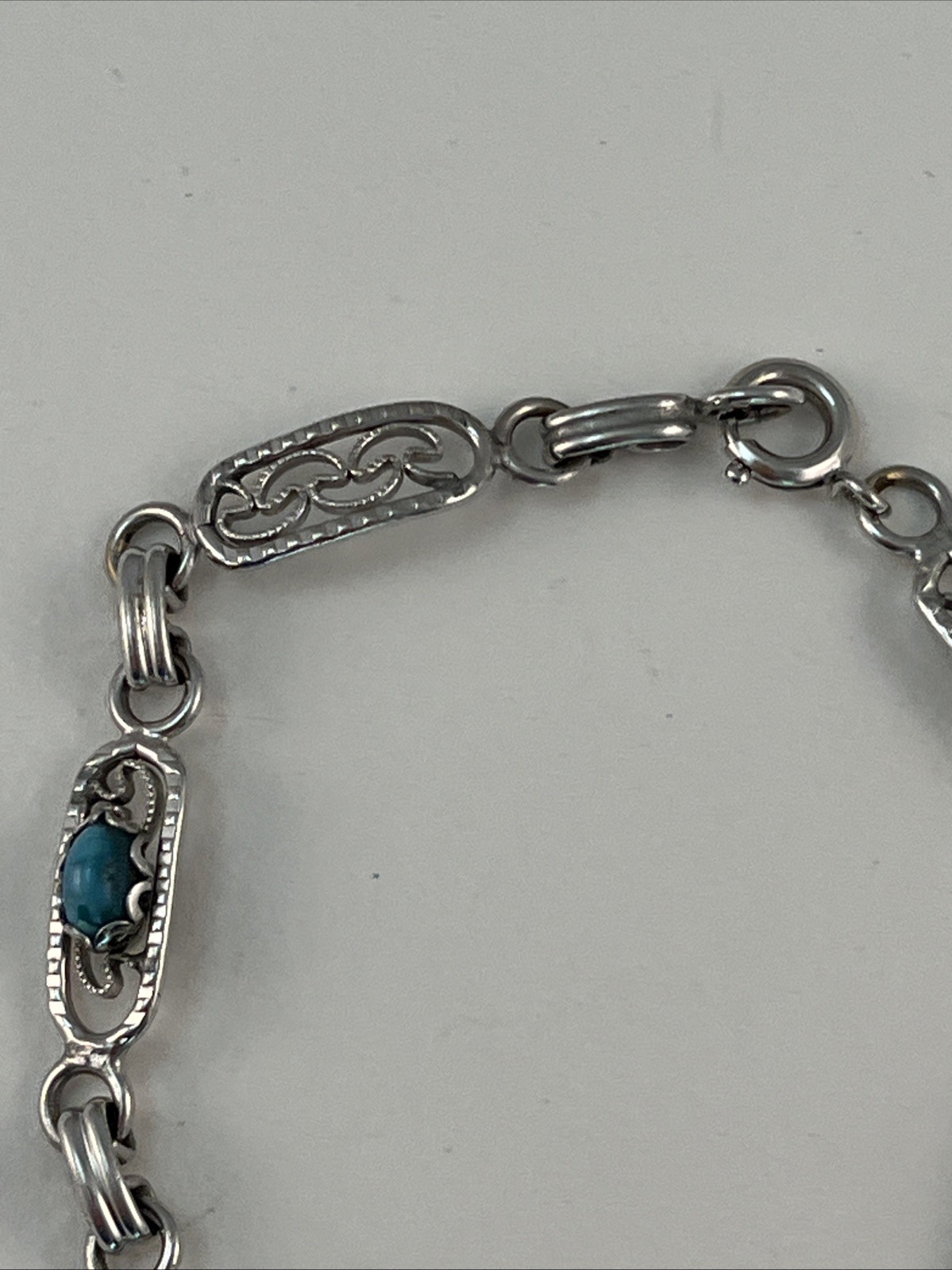 1/20 12K GF White Gold Filled Faux Blue Turquoise Link Bracelet 7 1/4″
