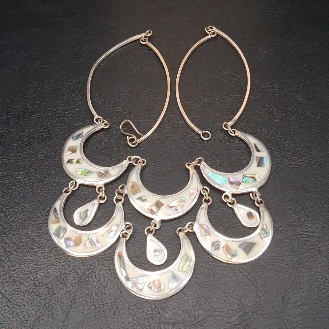 Vintage Alpaca MEXICO Cresent Moon Bib Necklace Abalone And White Enamel. 17.883