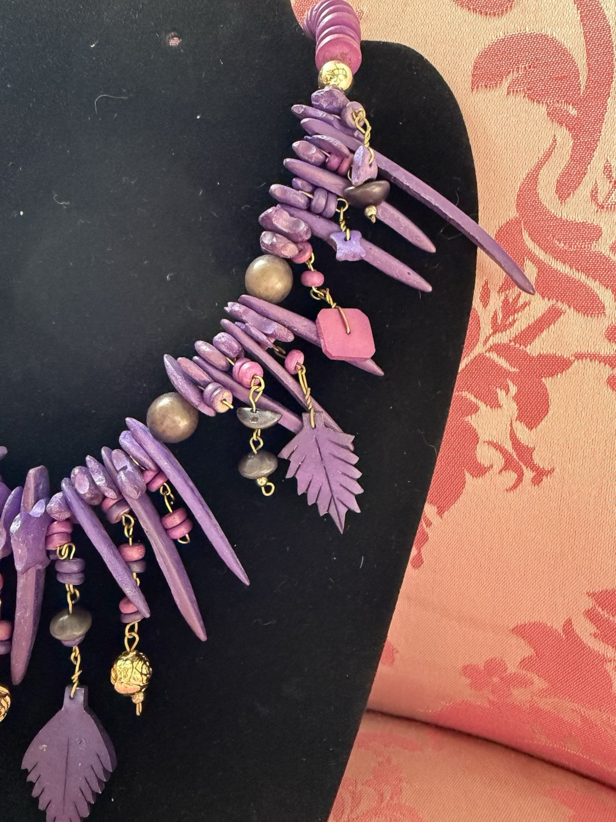 Vintage Funky Spike Purple Wood Leaf Beaded Necklace Tribal Festival Statement
