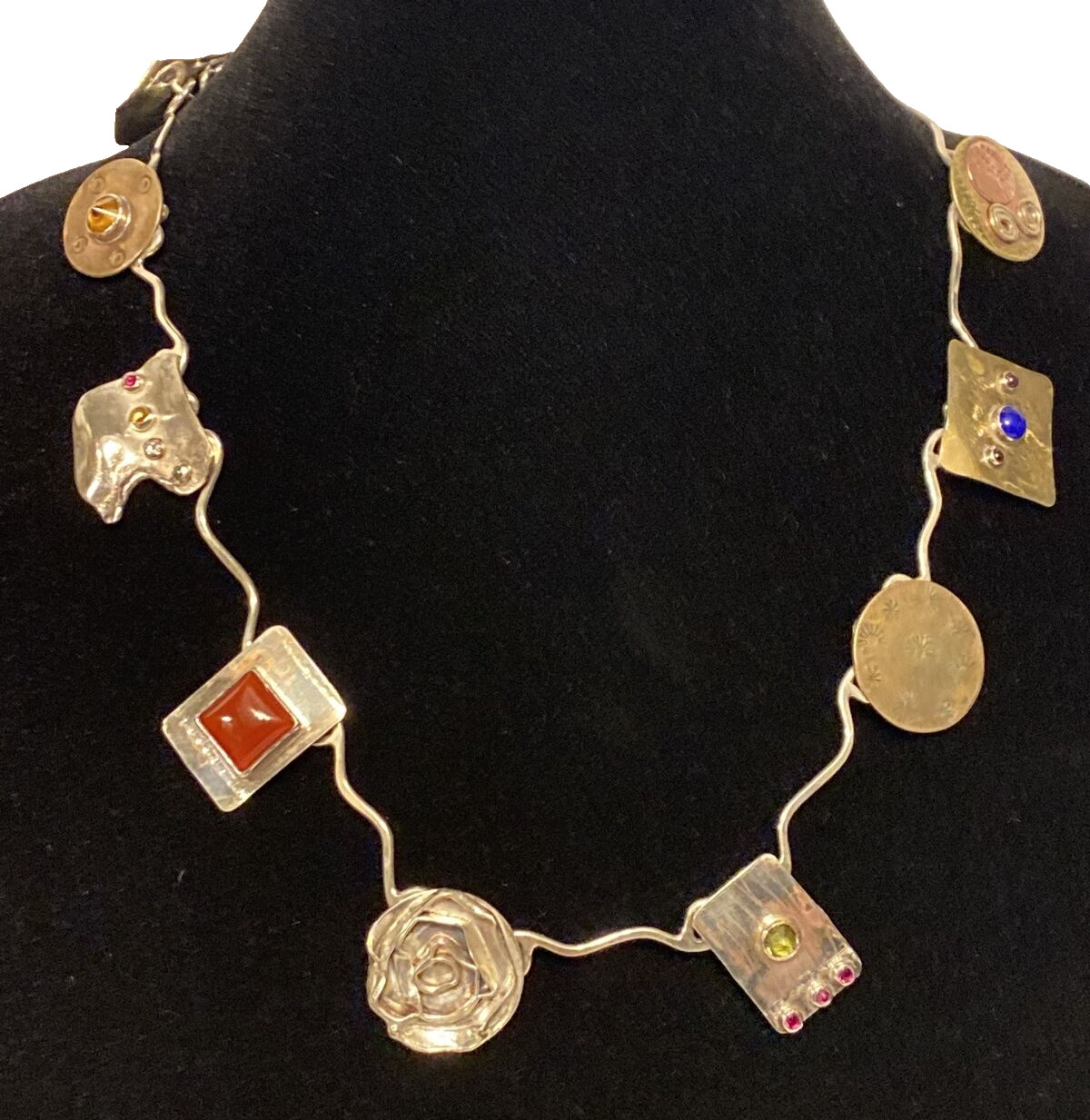 Sherry Tinsman Vintage Sterling Silver 14k Mixed Metal Multi Stone Necklace 22″