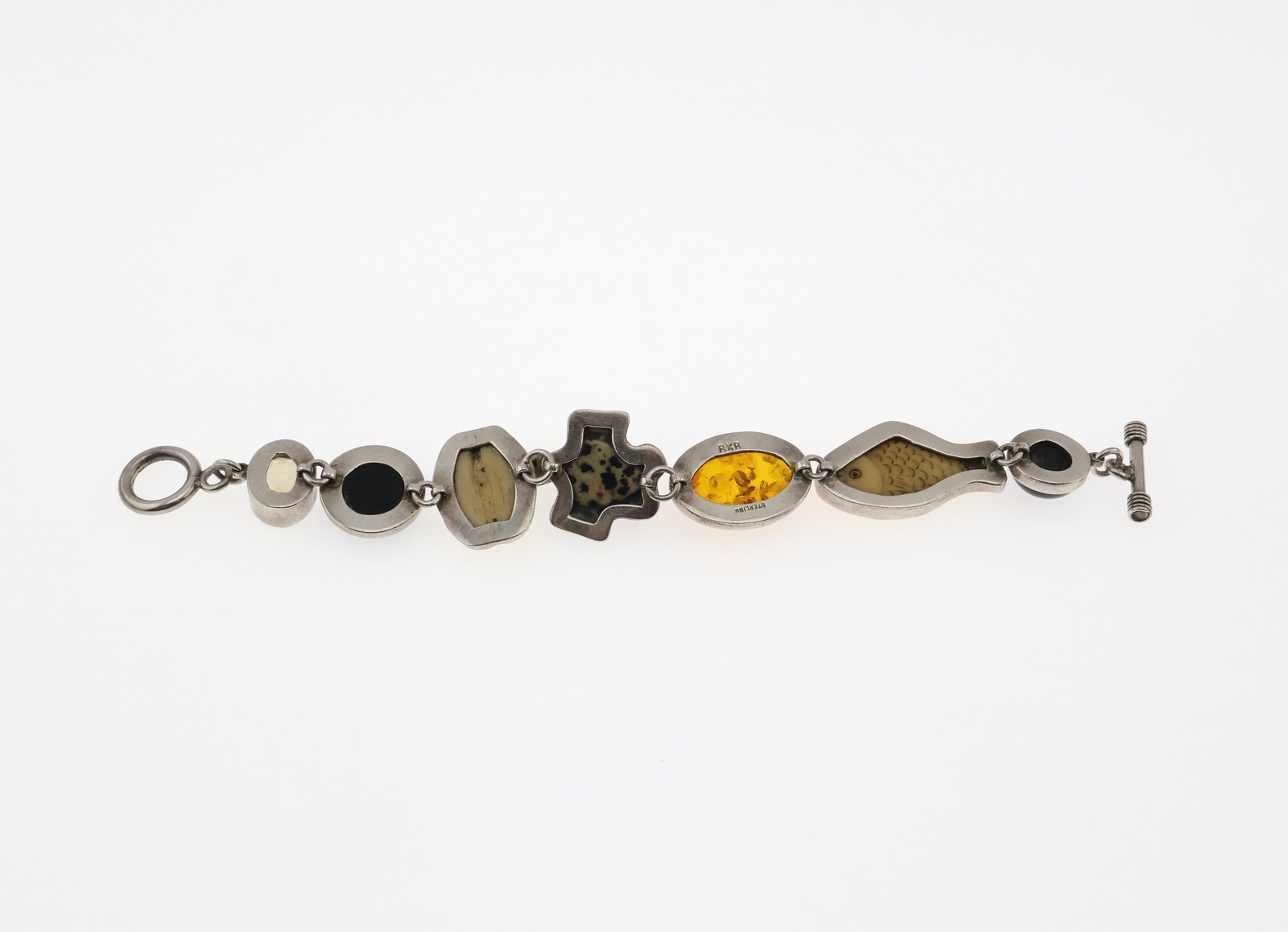 Amy Kahn Russell Sterling Silver Carved Stone 7.5 Inch Link Bracelet