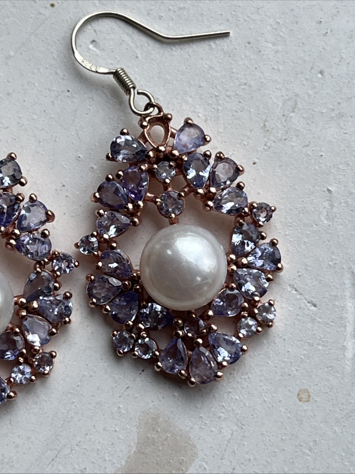 Vintage Tanzanite Real Pearl Dangle Drop Earrings 925 Wire Pierced 1.75” Classic
