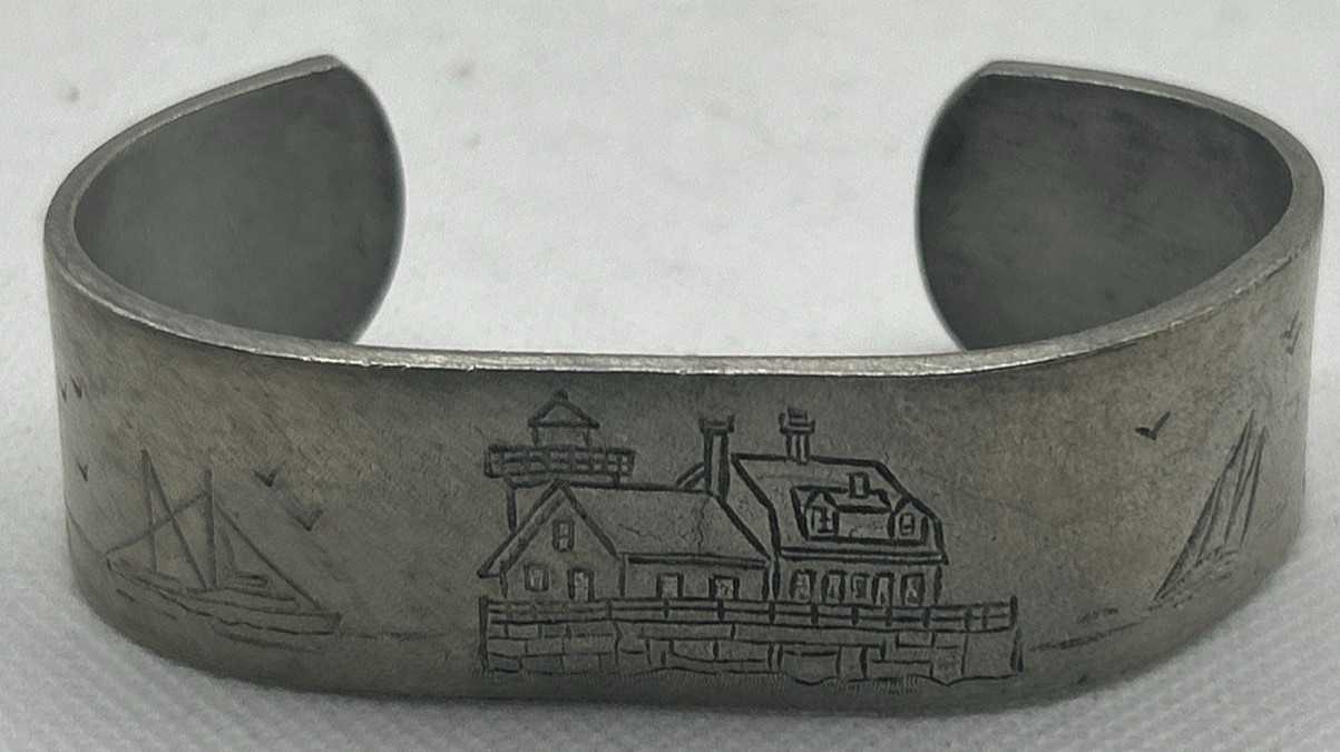 Salisbury Pewter Light houses of Maine Signed Embossed Cuff Bracelet 7″ Coastal