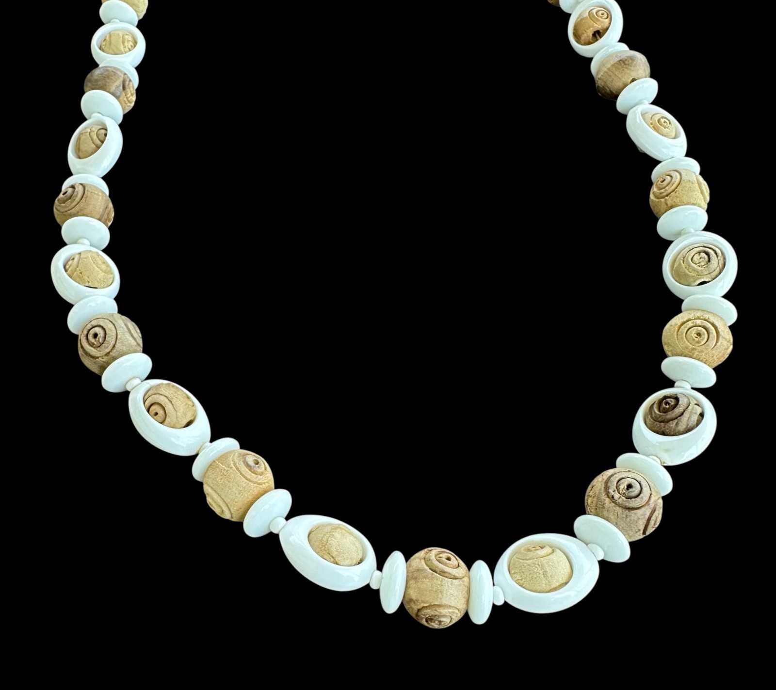 Vintage Miriam Haskell White Lucite and Carved Wood Beaded Necklace
