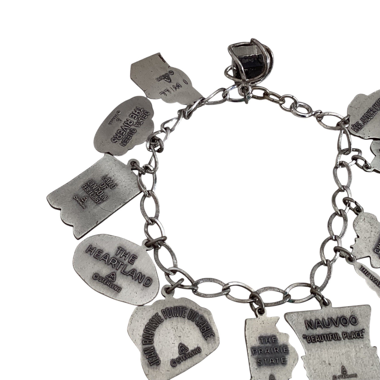 Sterling Silver Historic Illinois Charm Bracelet Lincoln Heartland Chicago 44g