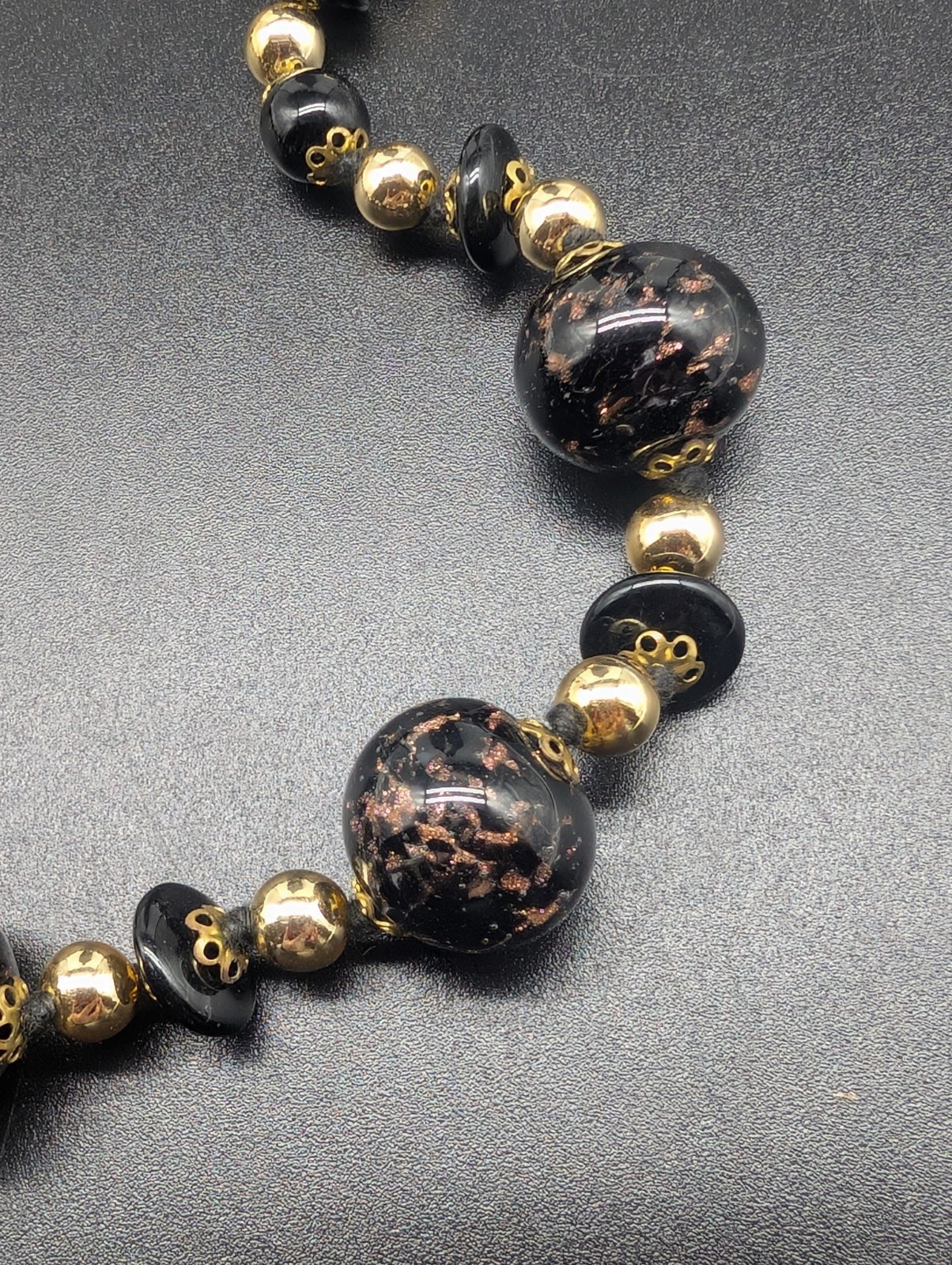 Vintage Hand Knotted Gold Tone Black & Copper Aventurine Art Glass Bead Necklace