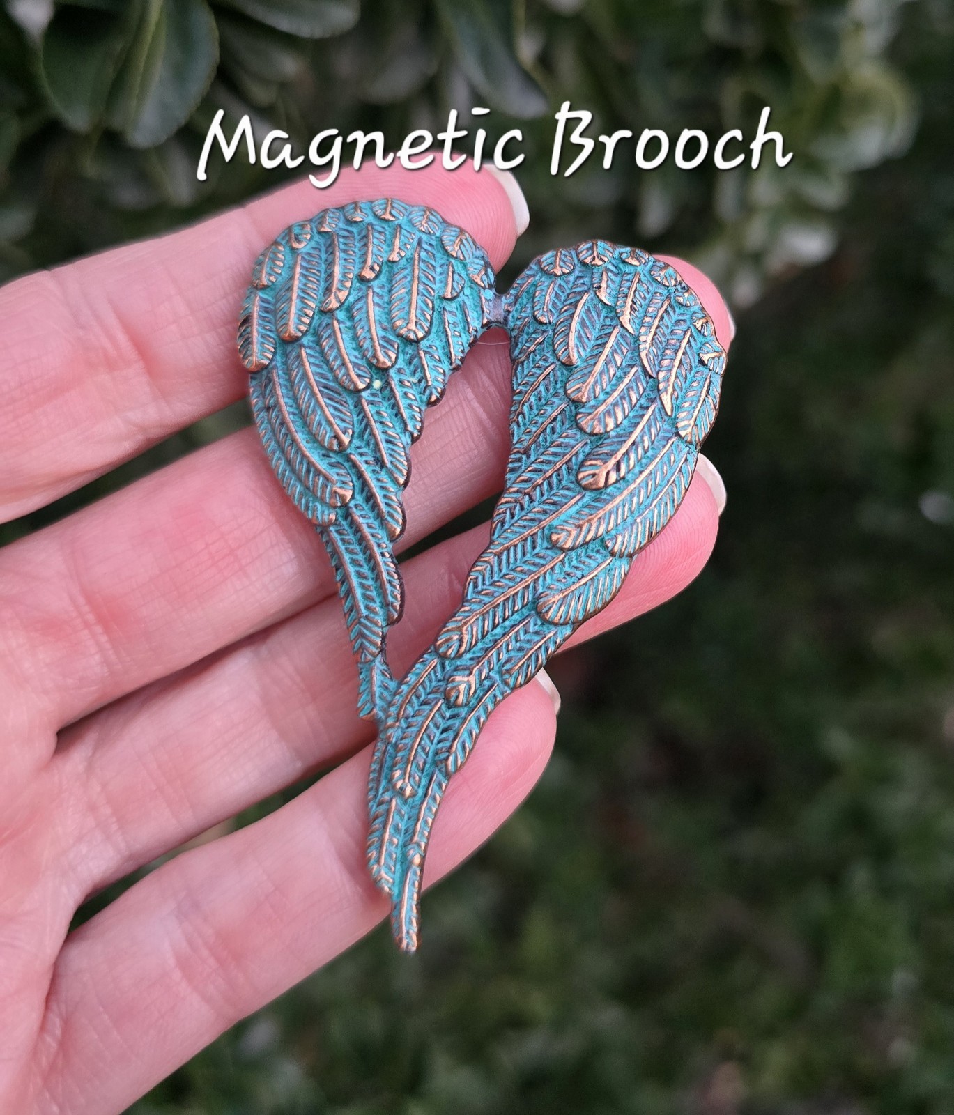 Magnetic Angel Wings brooch, copper patina. Angel heart brooch Remembrance gift
