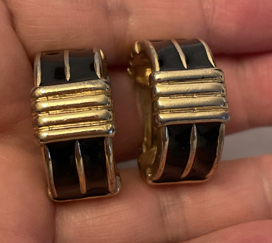 Vintage French Orena Paris Gold Tone Black Enamel Clip On Earrings