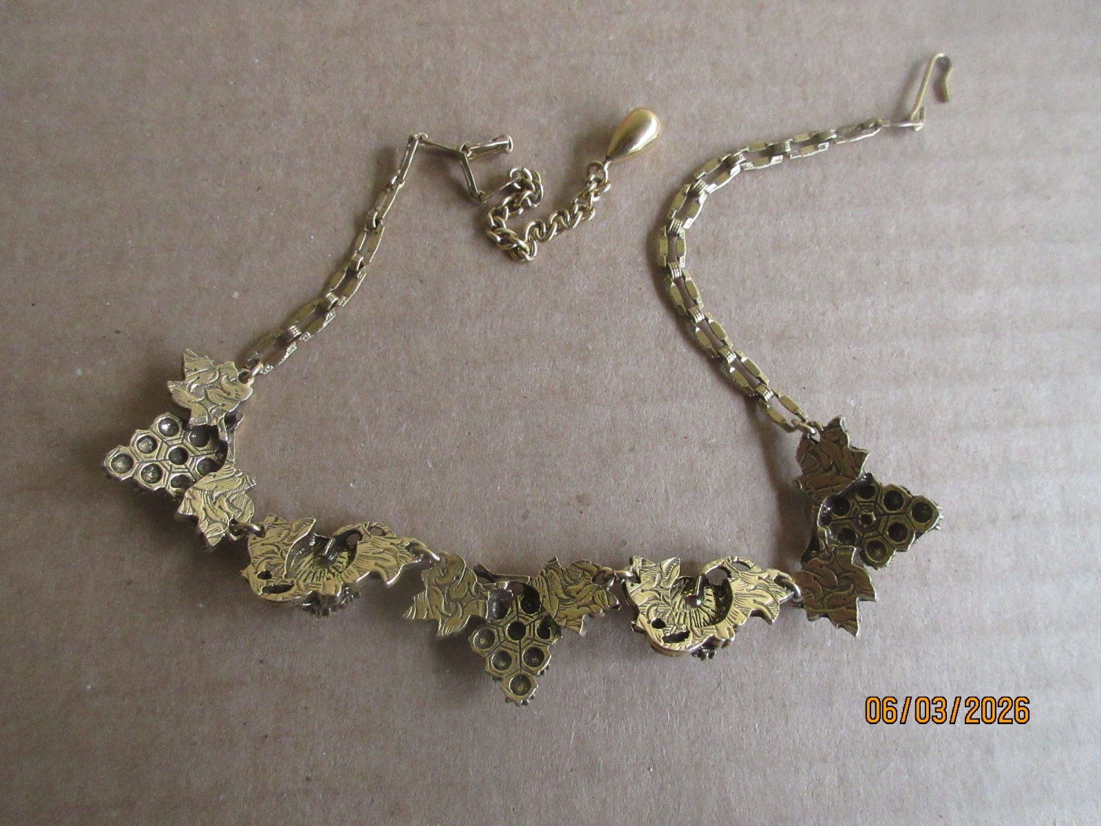 Vintage Unsigned Rhinestone Grape Cluster & Leaves Necklace