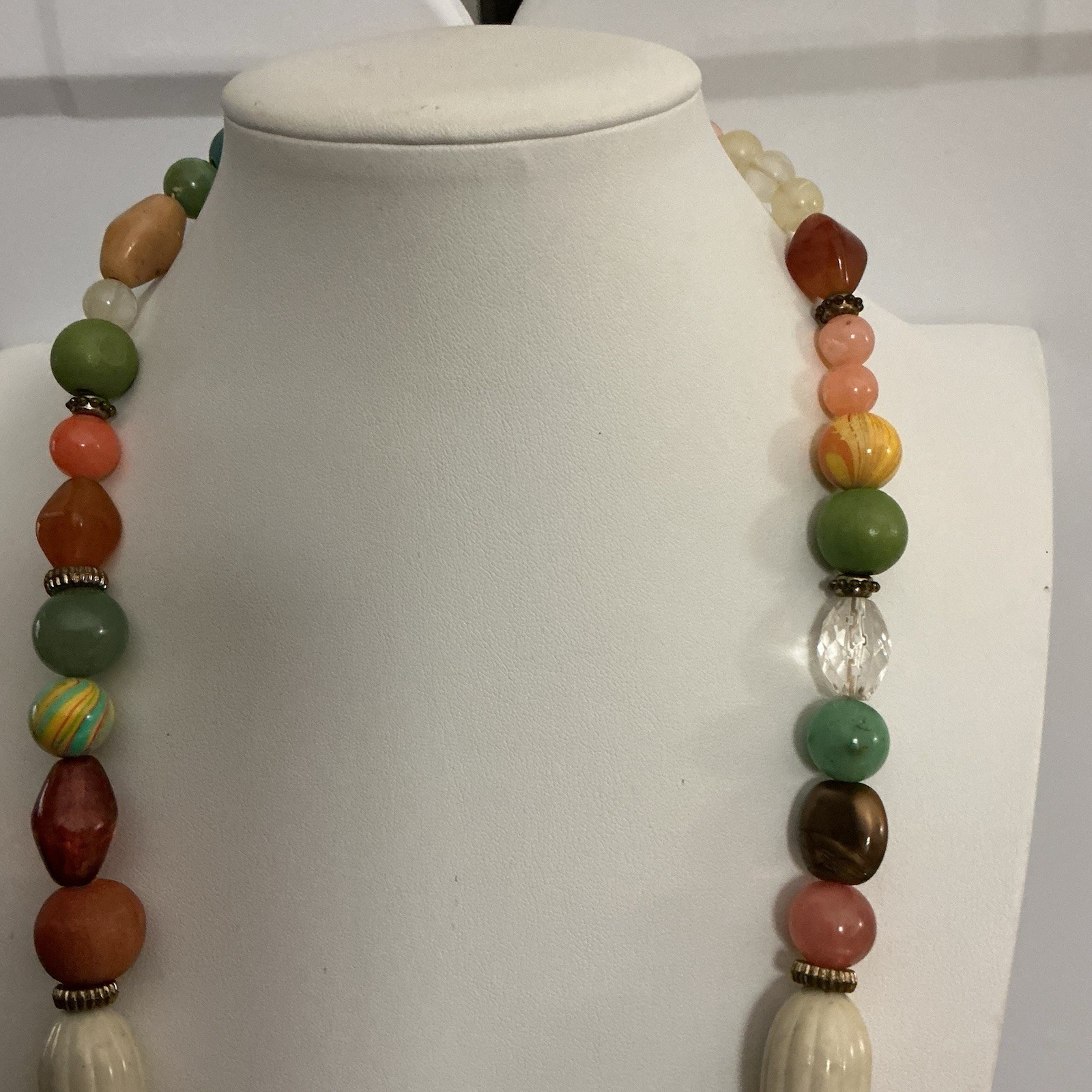 Vtg Necklace 28” Mixed Media Eclectic Beads Glass,Lucite,marble 80s Bohemian